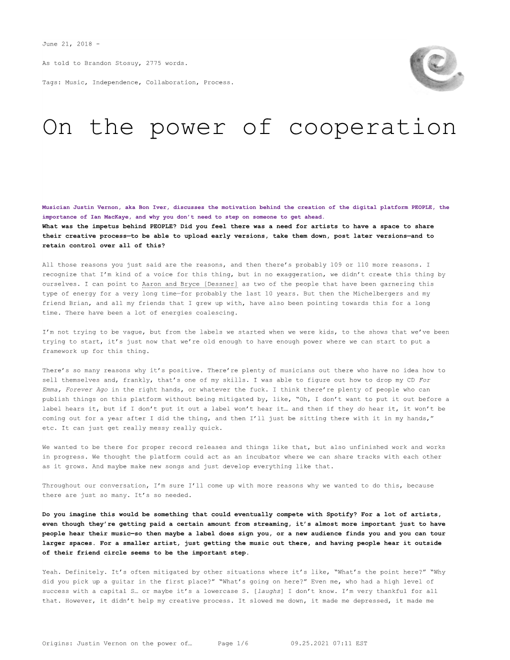 Origins: Justin Vernon on the Power of Cooperation