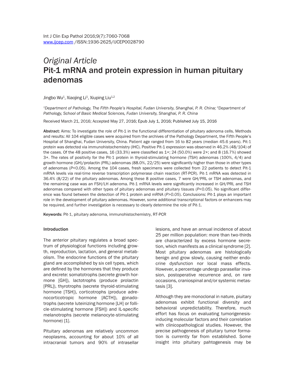 Original Article Pit-1 Mrna and Protein Expression in Human Pituitary Adenomas