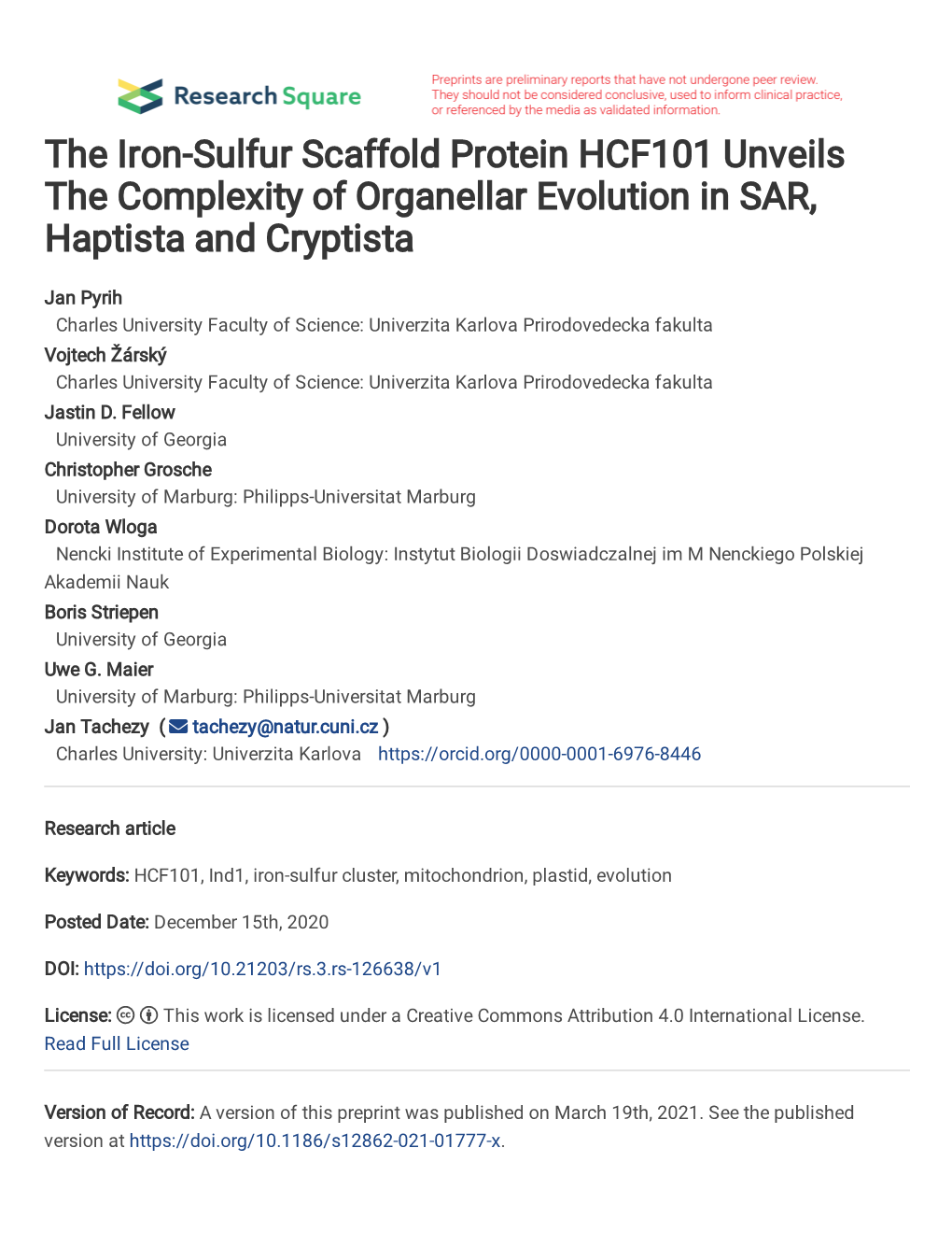 The Iron-Sulfur Scaffold Protein HCF101 Unveils the Complexity of Organellar Evolution in SAR, Haptista and Cryptista