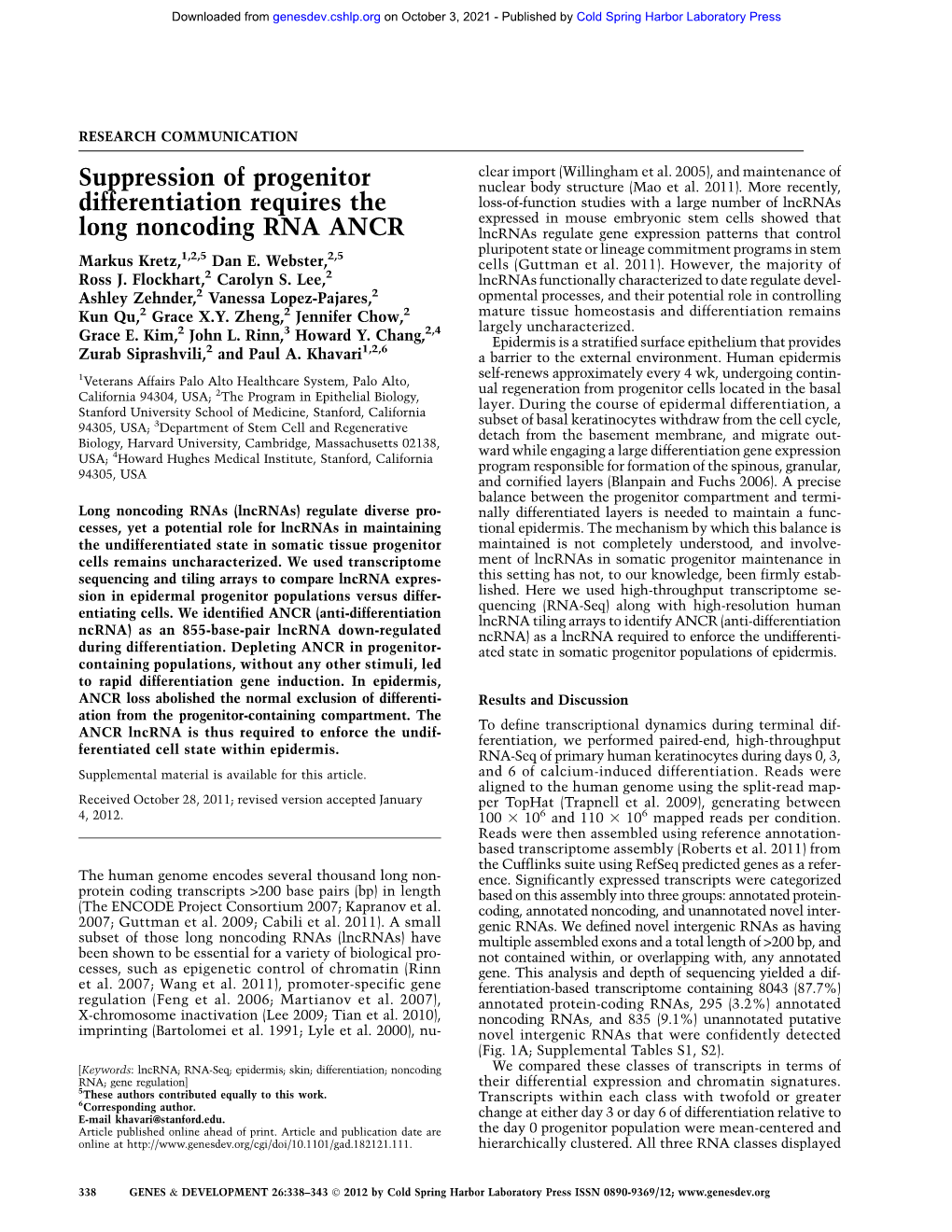 Suppression of Progenitor Differentiation Requires the Long Noncoding RNA ANCR