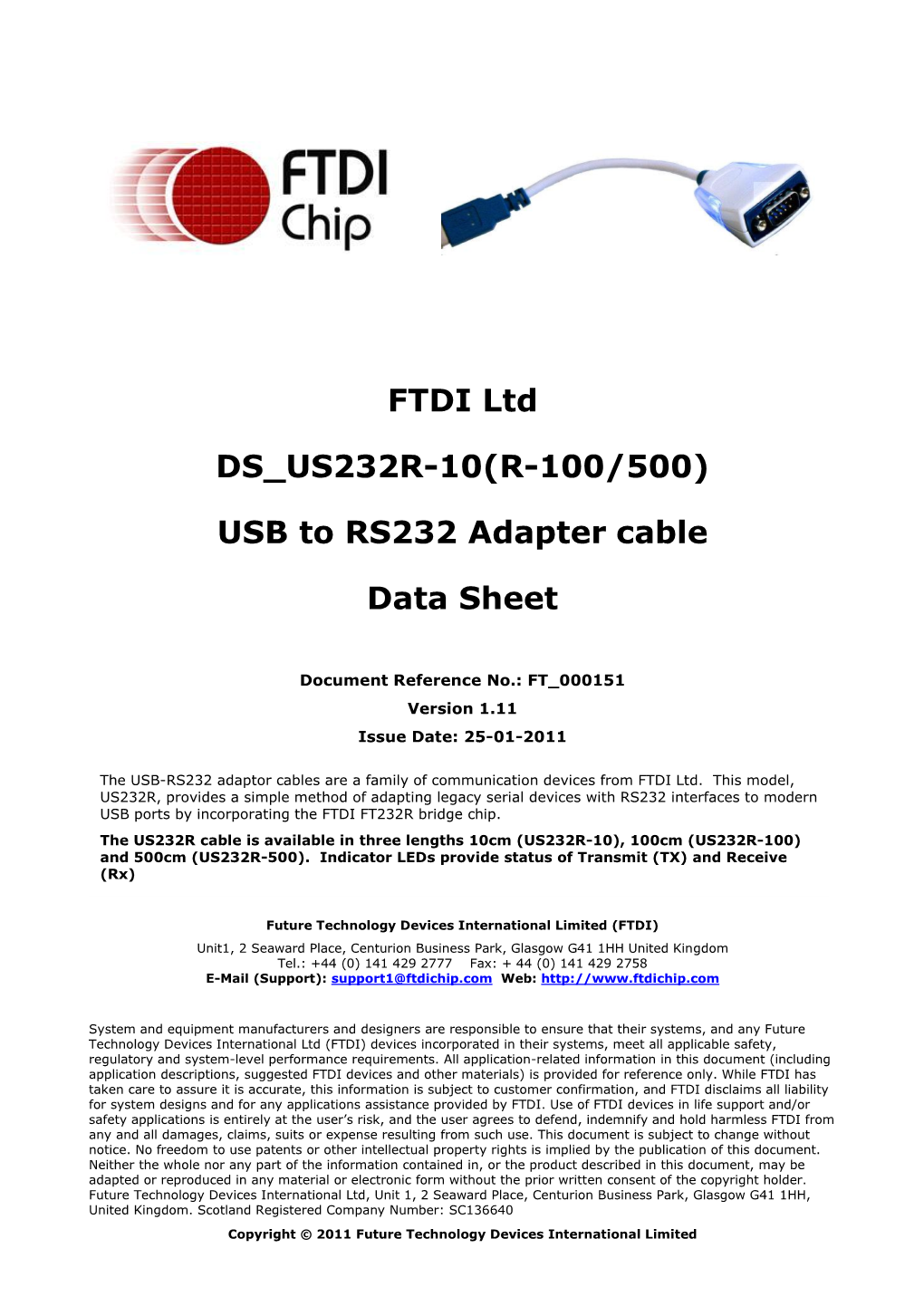 FTDI Ltd DS US232R-10(R-100/500) USB to RS232 Adapter Cable Data Sheet