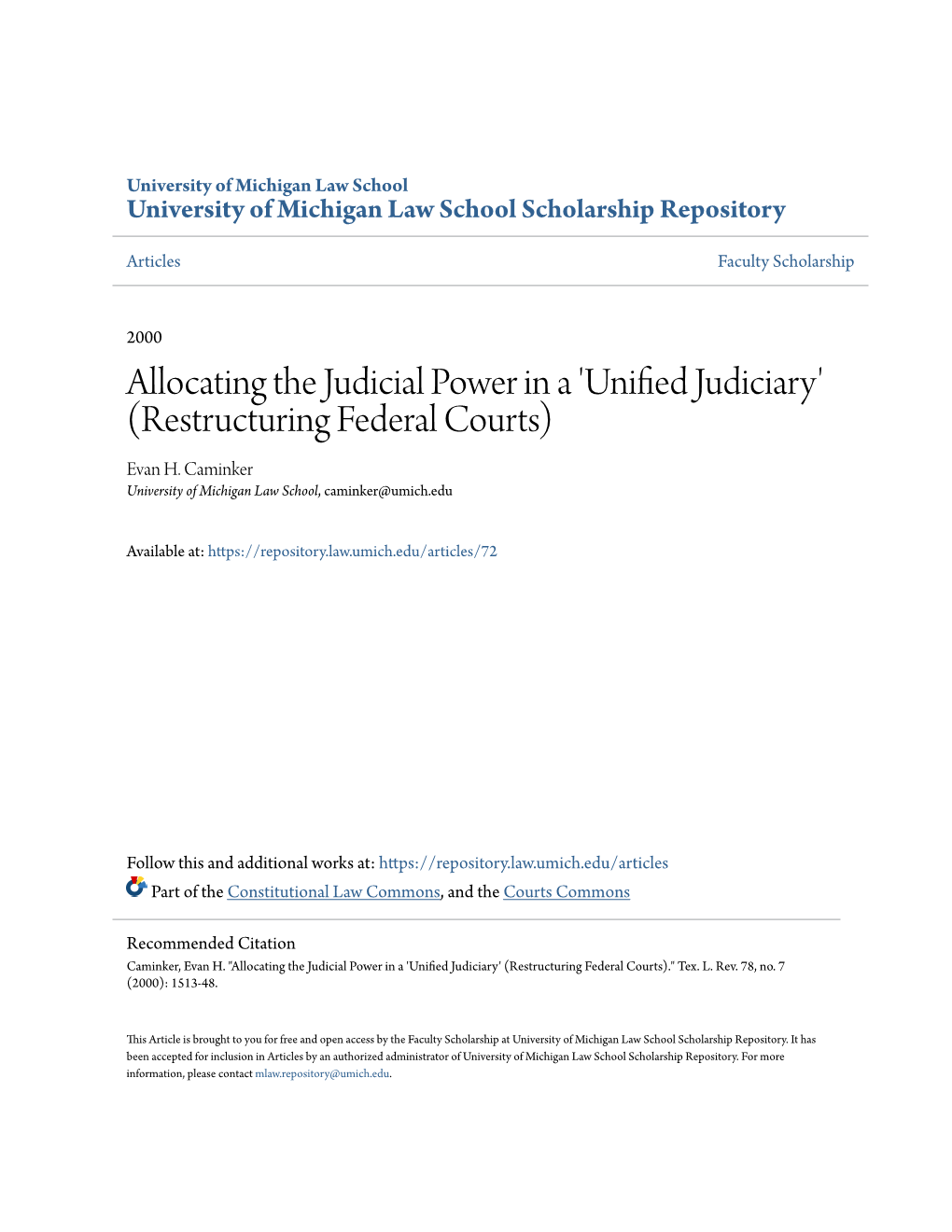 Allocating the Judicial Power in a 'Unified Judiciary' (Restructuring Federal Courts)." Tex