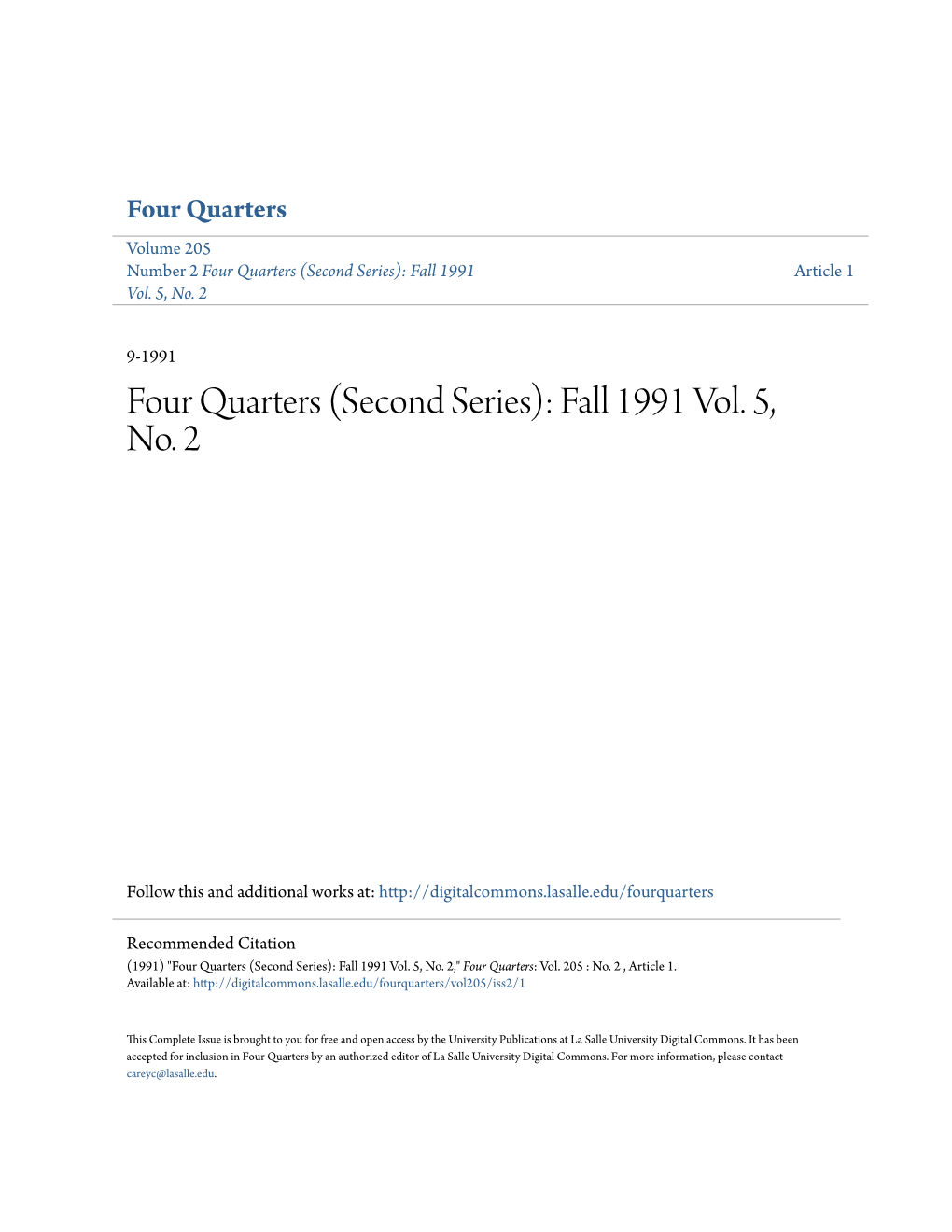 Four Quarters Volume 205 Number 2 Four Quarters (Second Series): Fall 1991 Article 1 Vol