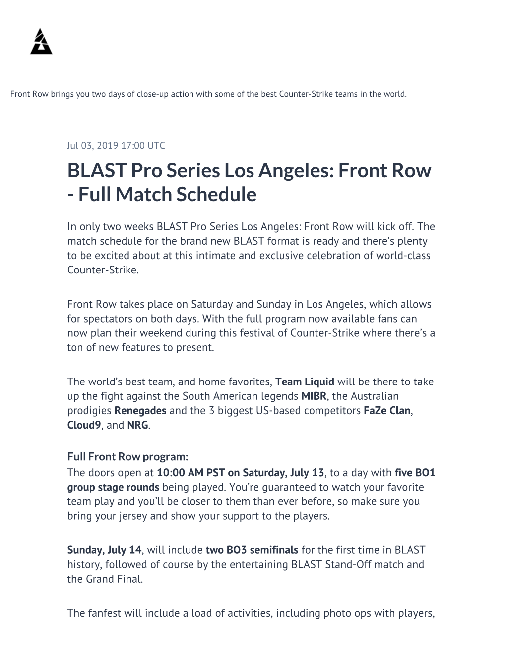 BLAST Pro Series Los Angeles: Front Row - Full Match Schedule