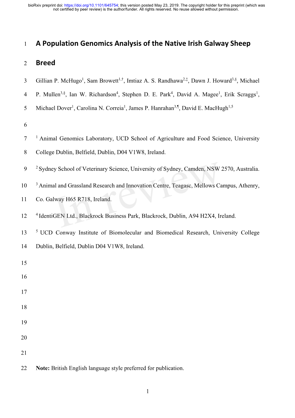 A Population Genomics Analysis of the Native Irish Galway Sheep Breed