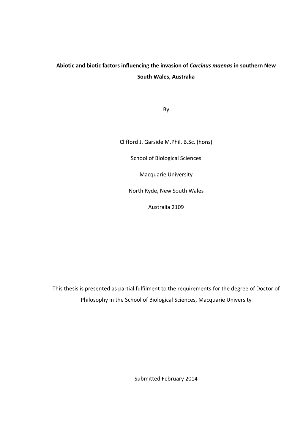 Abiotic and Biotic Factors Influencing the Invasion of Carcinus Maenas in Southern New South Wales, Australia