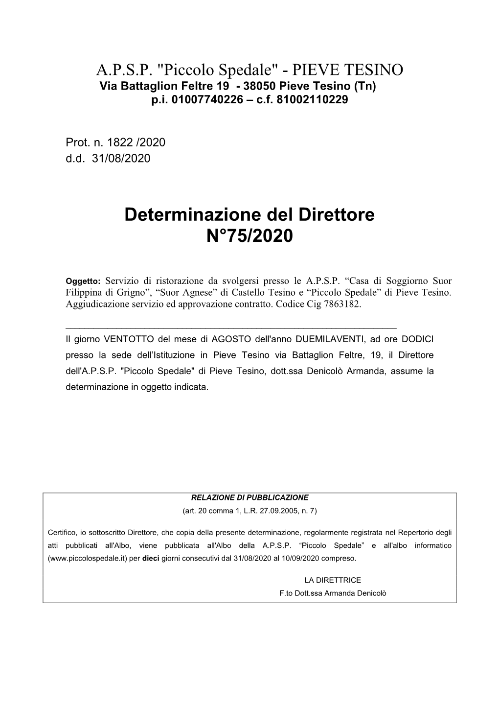 Determinazione Del Direttore N°75/2020