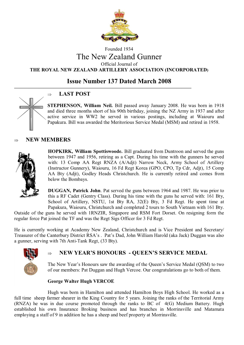 The New Zealand Gunner Official Journal of the ROYAL NEW ZEALAND ARTILLERY ASSOCIATION (INCORPORATED )