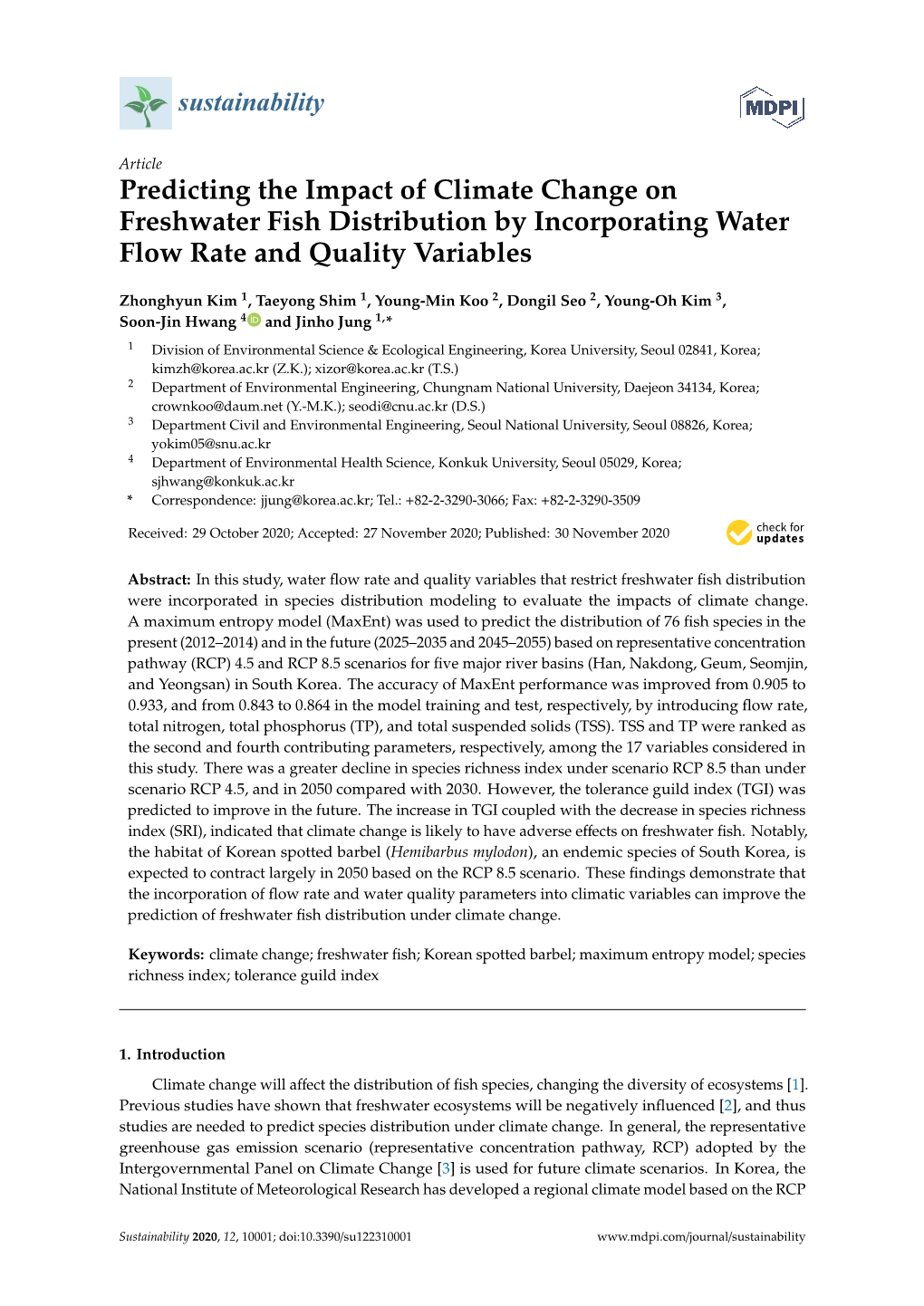 Predicting the Impact of Climate Change on Freshwater Fish Distribution by Incorporating Water Flow Rate and Quality Variables