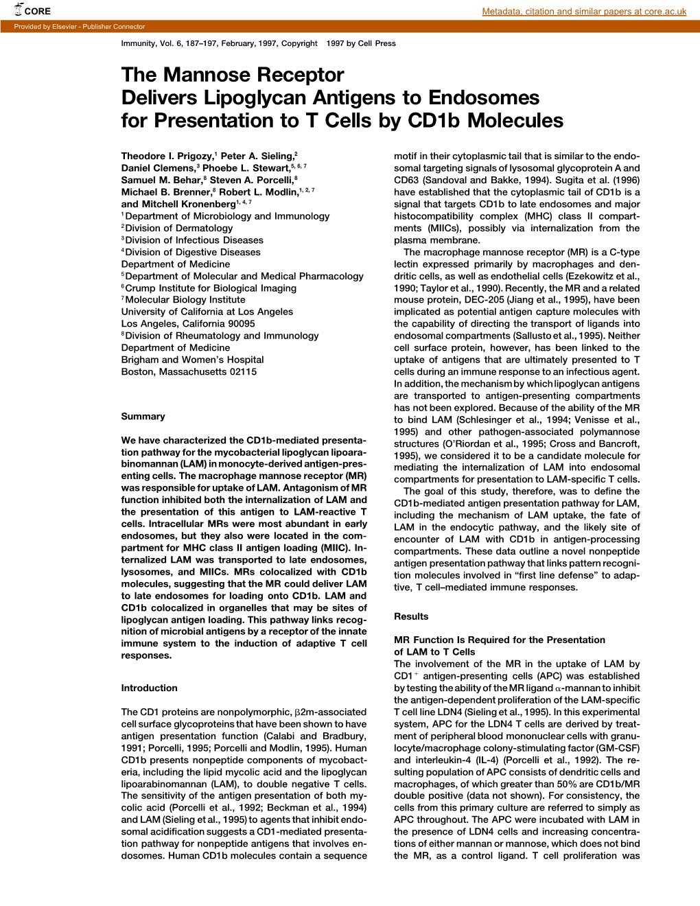 The Mannose Receptor Delivers Lipoglycan Antigens to Endosomes for Presentation to T Cells by Cd1b Molecules