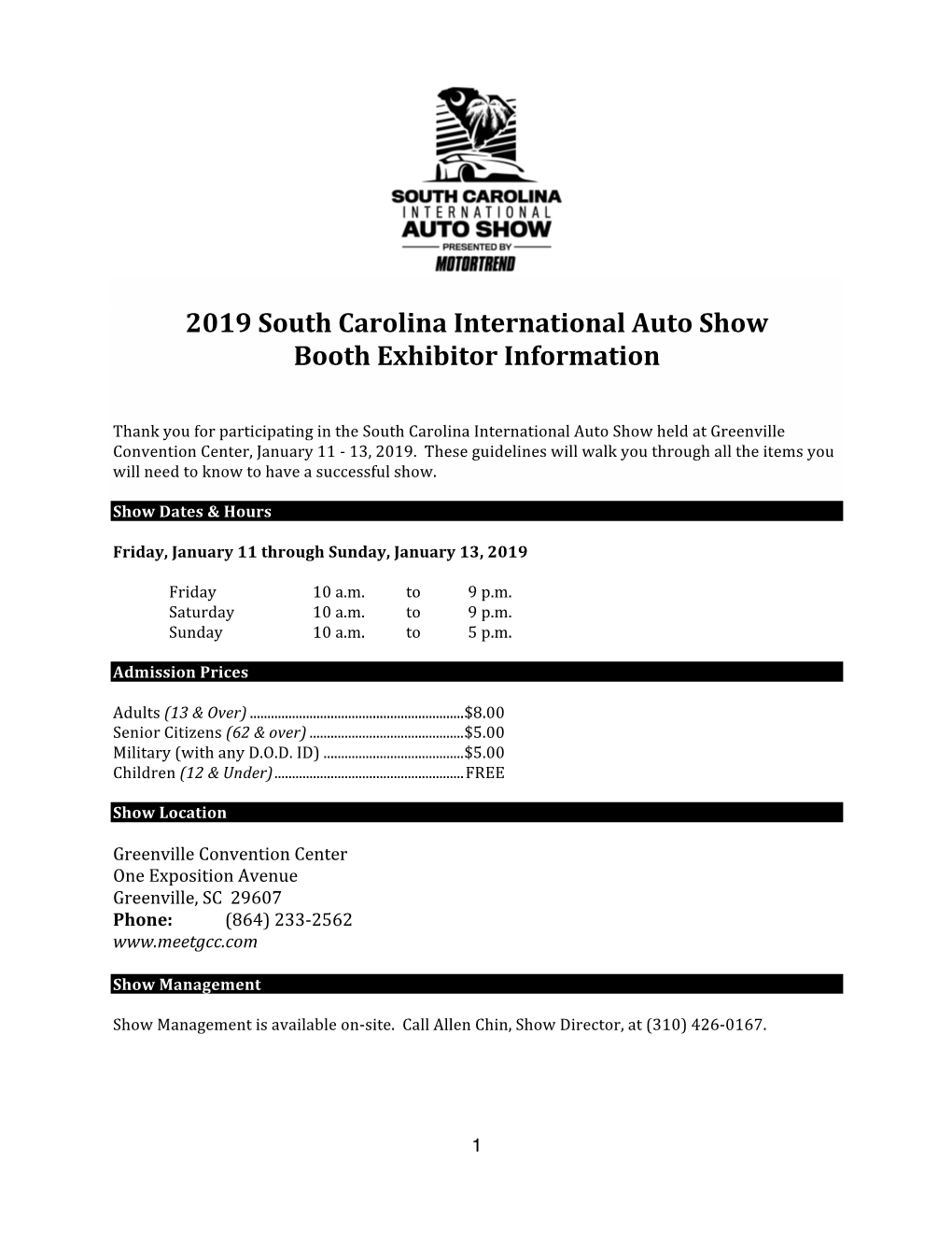 2019 South Carolina International Auto Show Booth Exhibitor Information