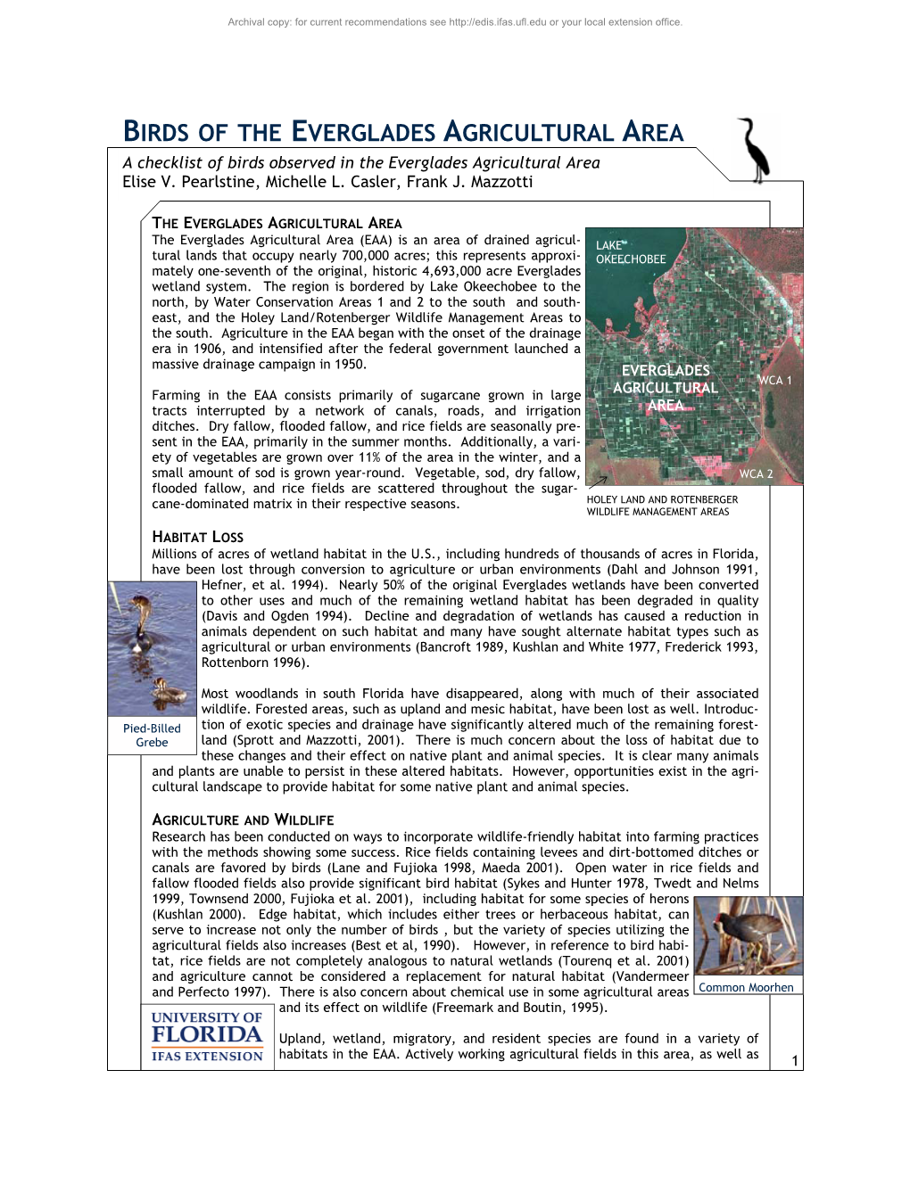 BIRDS of the EVERGLADES AGRICULTURAL AREA a Checklist of Birds Observed in the Everglades Agricultural Area Elise V