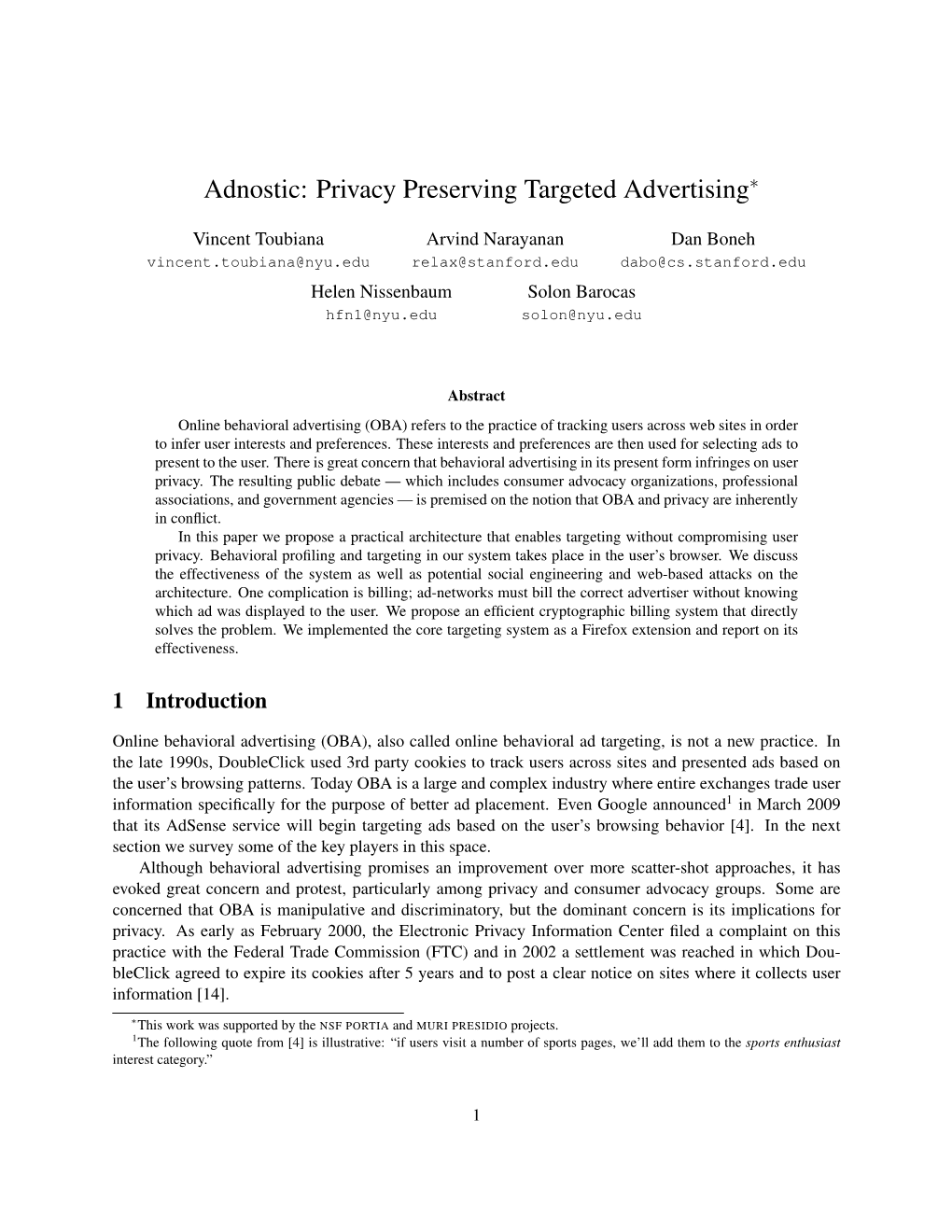 Adnostic: Privacy Preserving Targeted Advertising∗