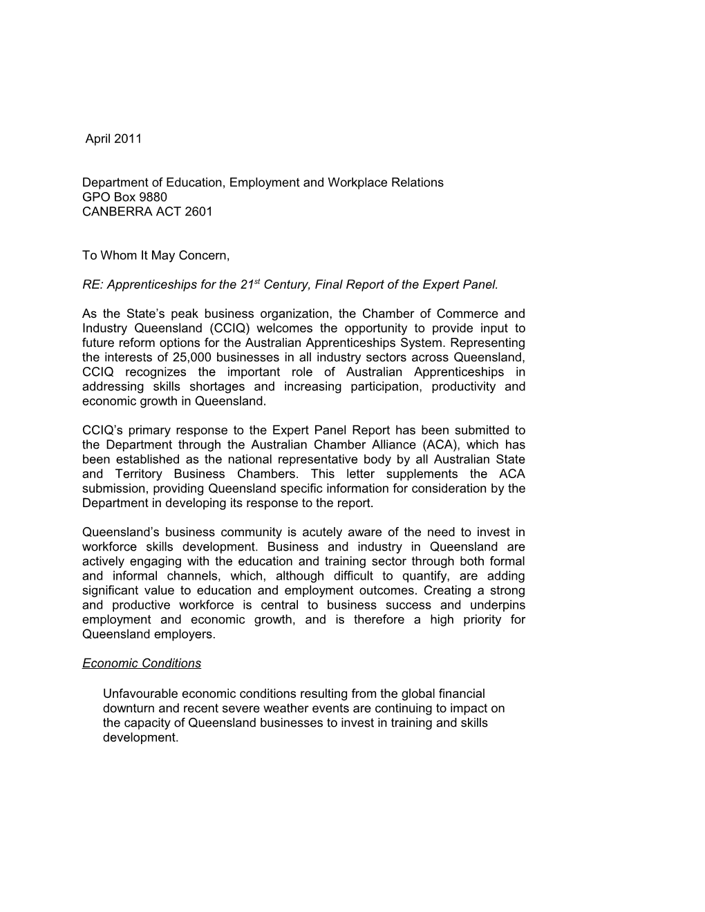 RE: Apprenticeships for the 21St Century, Final Report of the Expert Panel