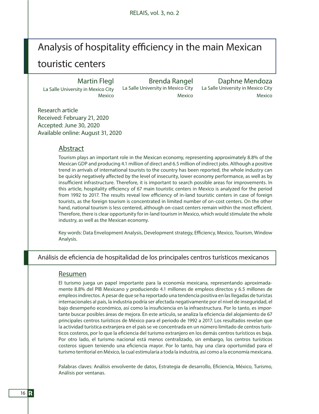 Analysis of Hospitality Efficiency in the Main Mexican Touristic Centers