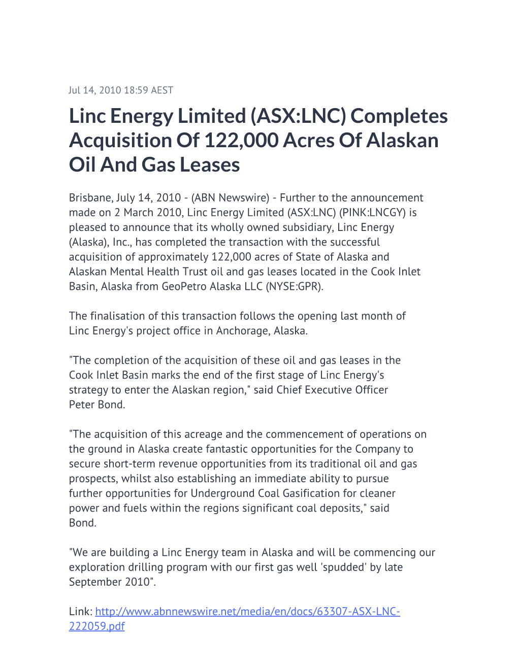 Linc Energy Limited (ASX:LNC) Completes Acquisition of 122,000 Acres of Alaskan Oil and Gas Leases