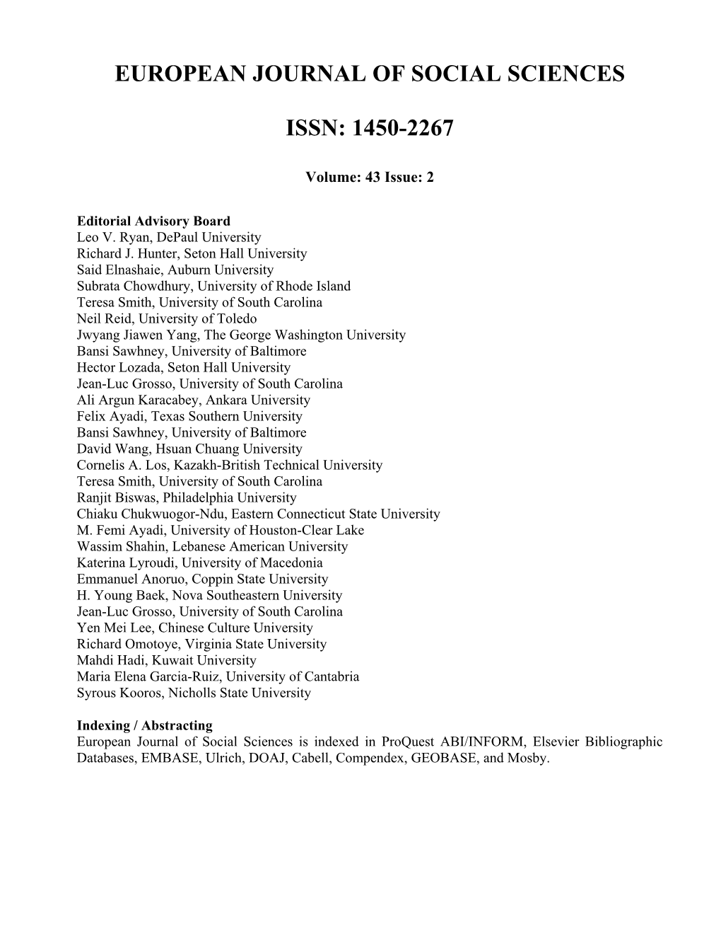 European Journal of Social Sciences Issn: 1450-2267