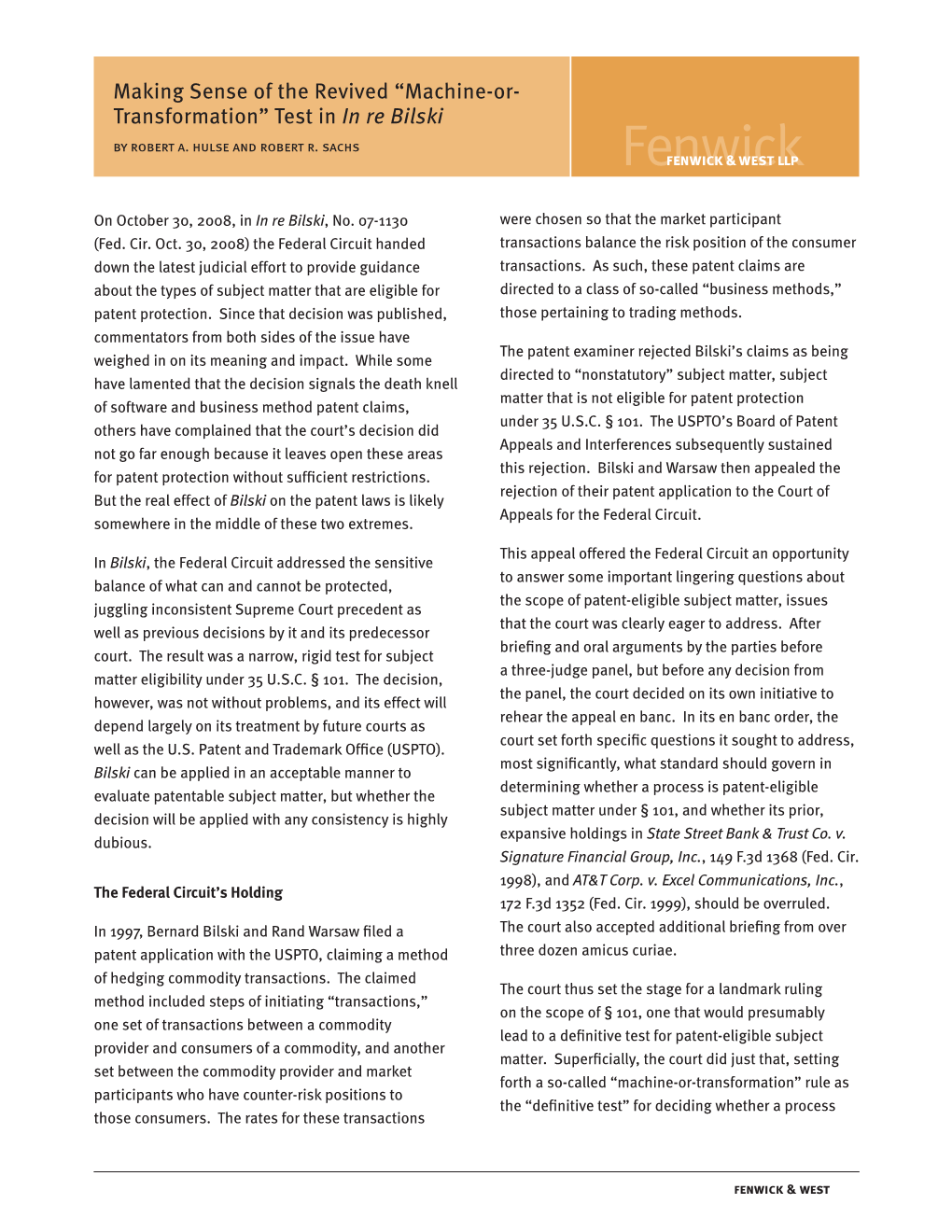 Making Sense of the Revived "Machine-Or-Transformation" Test in in Re Bilski