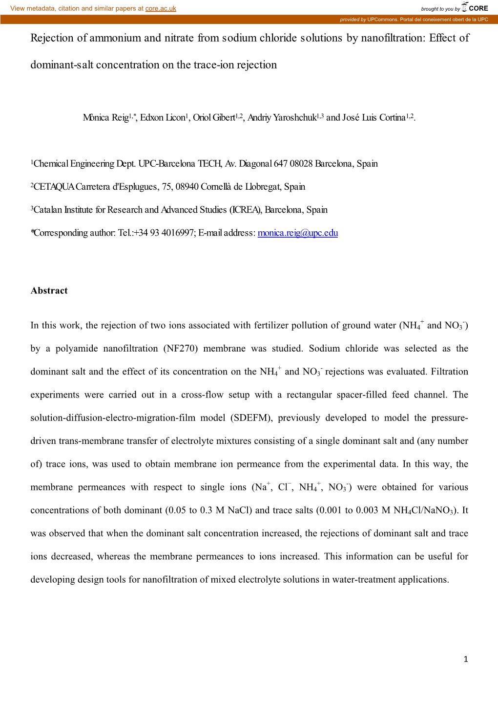 Rejection of Ammonium and Nitrate from Sodium Chloride Solutions by Nanofiltration: Effect Of