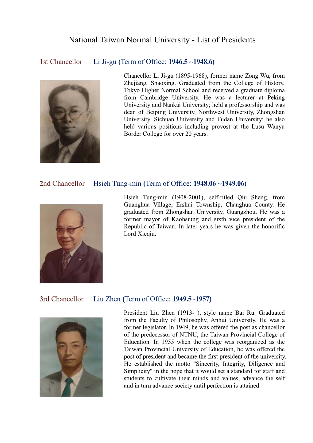 National Taiwan Normal University - List of Presidents