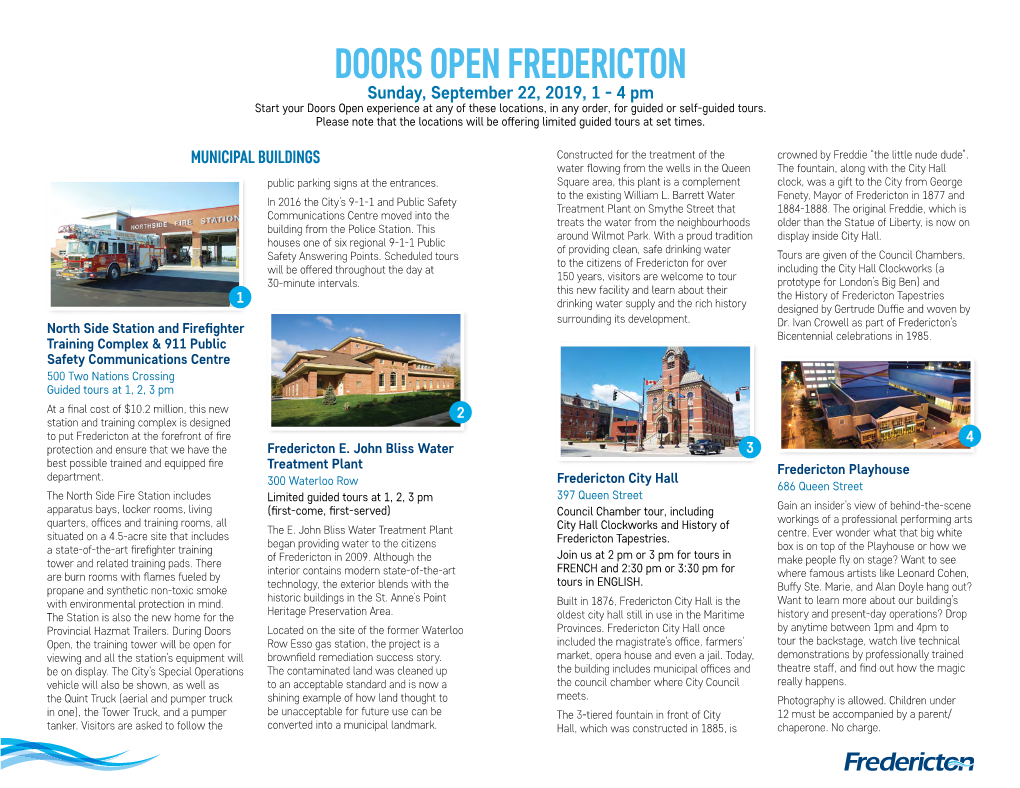 DOORS OPEN FREDERICTON Sunday, September 22, 2019, 1 - 4 Pm Start Your Doors Open Experience at Any of These Locations, in Any Order, for Guided Or Self-Guided Tours