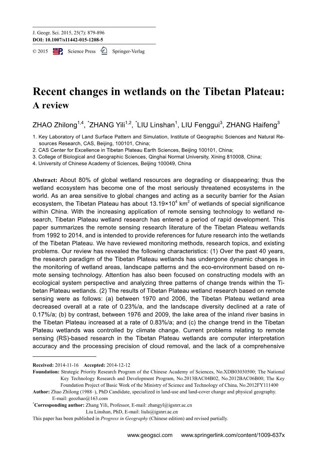 Recent Changes in Wetlands on the Tibetan Plateau: a Review