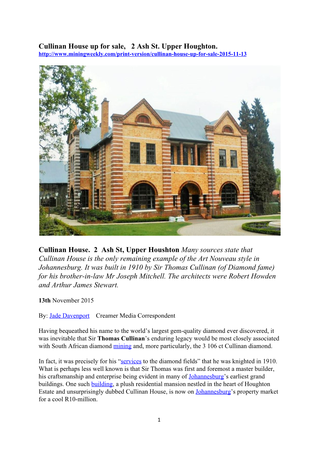 Selection of Articles on Cullinan House Submitted by Kathy Munro