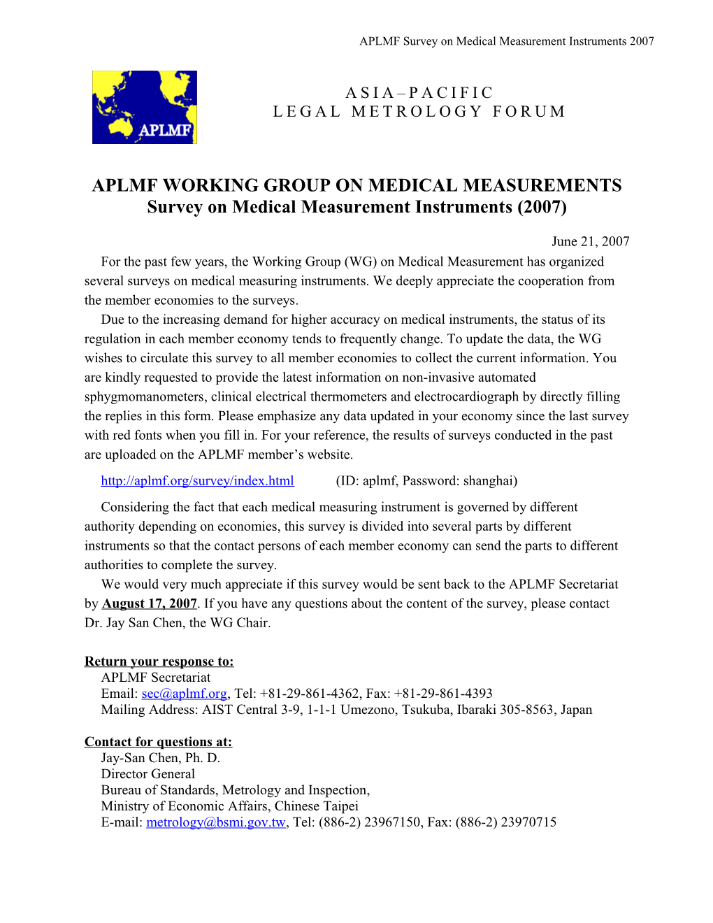 APLMF Survey on Medical Measurement Instruments