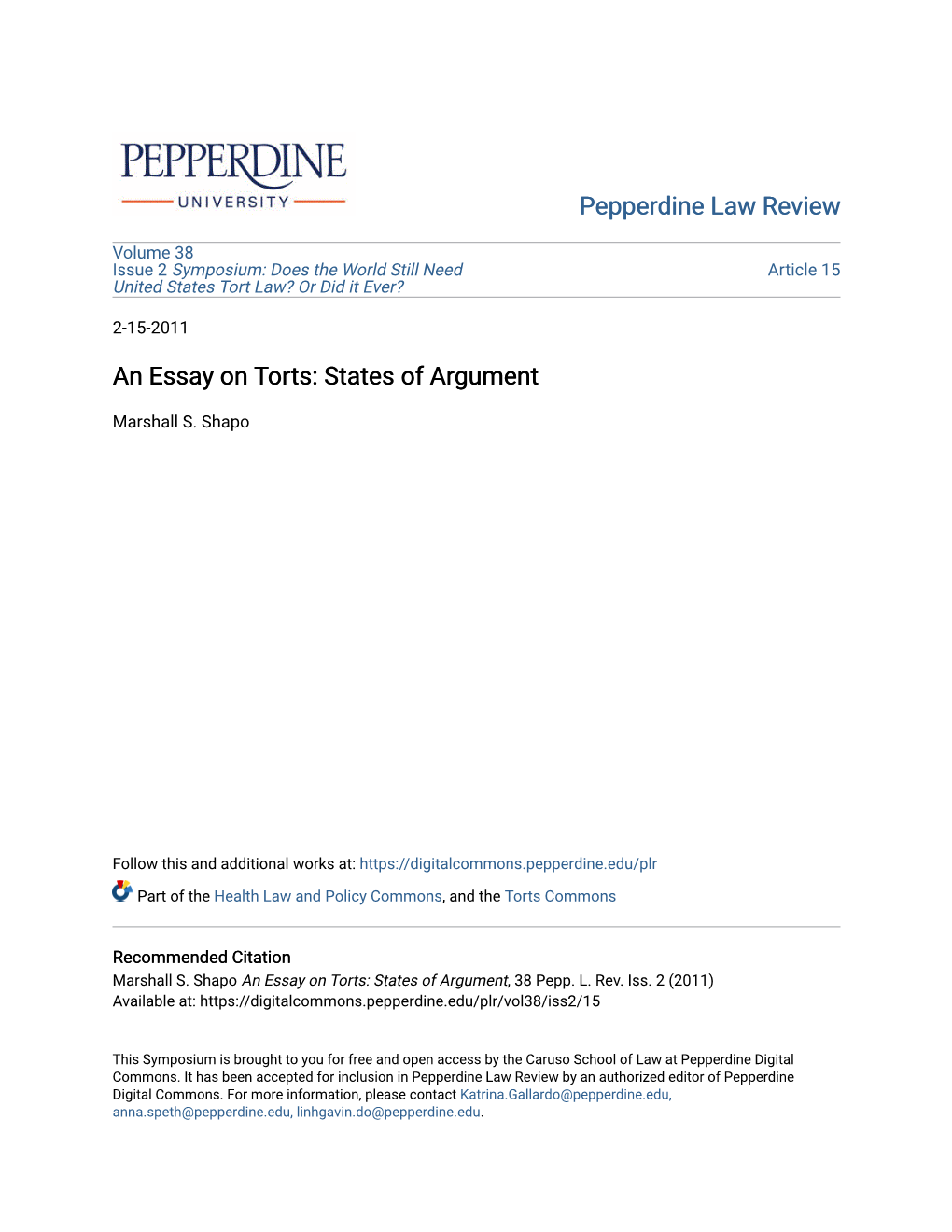 An Essay on Torts: States of Argument