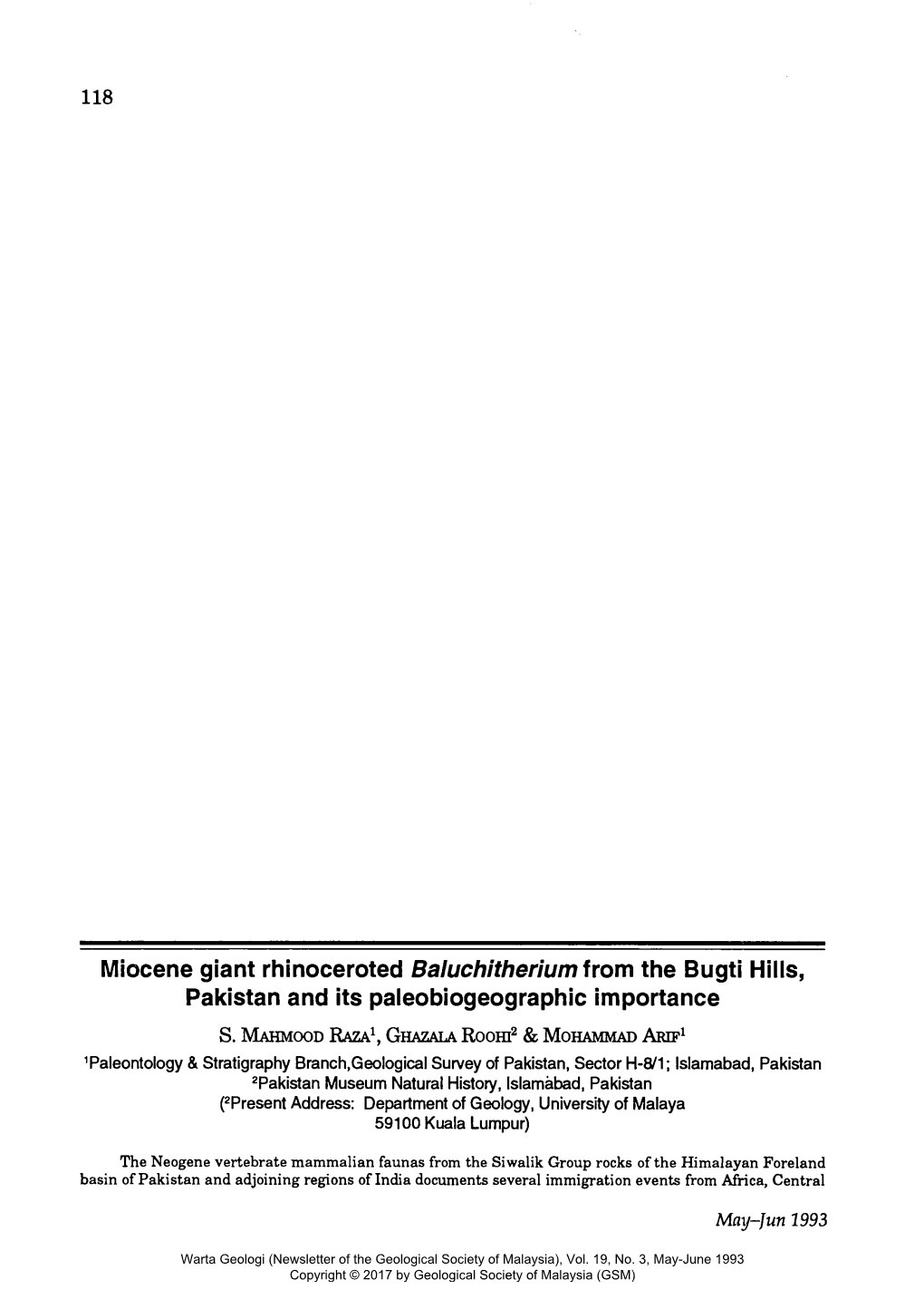 Miocene Giant Rhinoceroted Baluchitherium from the Bugti Hills, Pakistan and Its Paleobiogeographic Importance