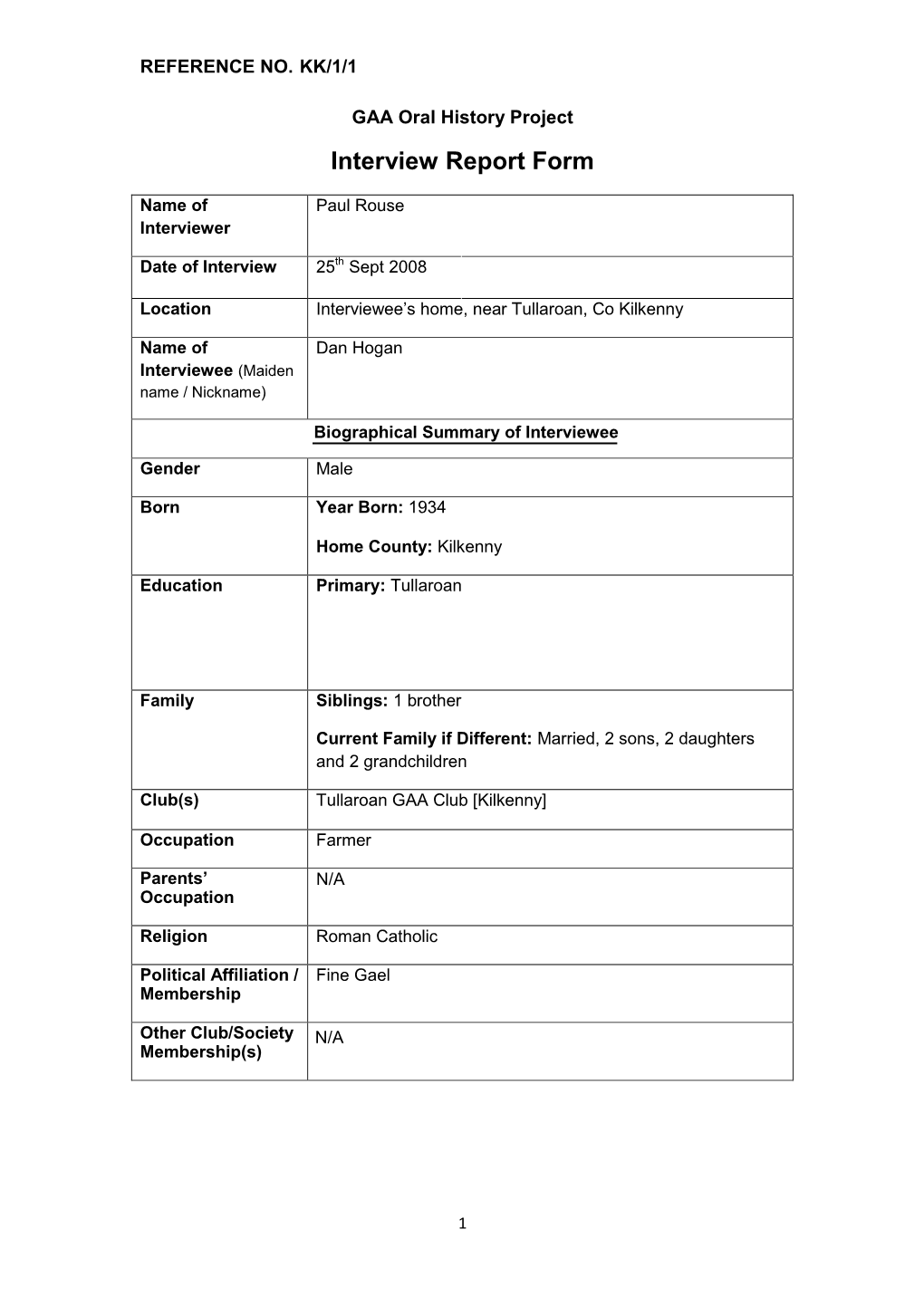 GAA Oral History Project Interview Report Form