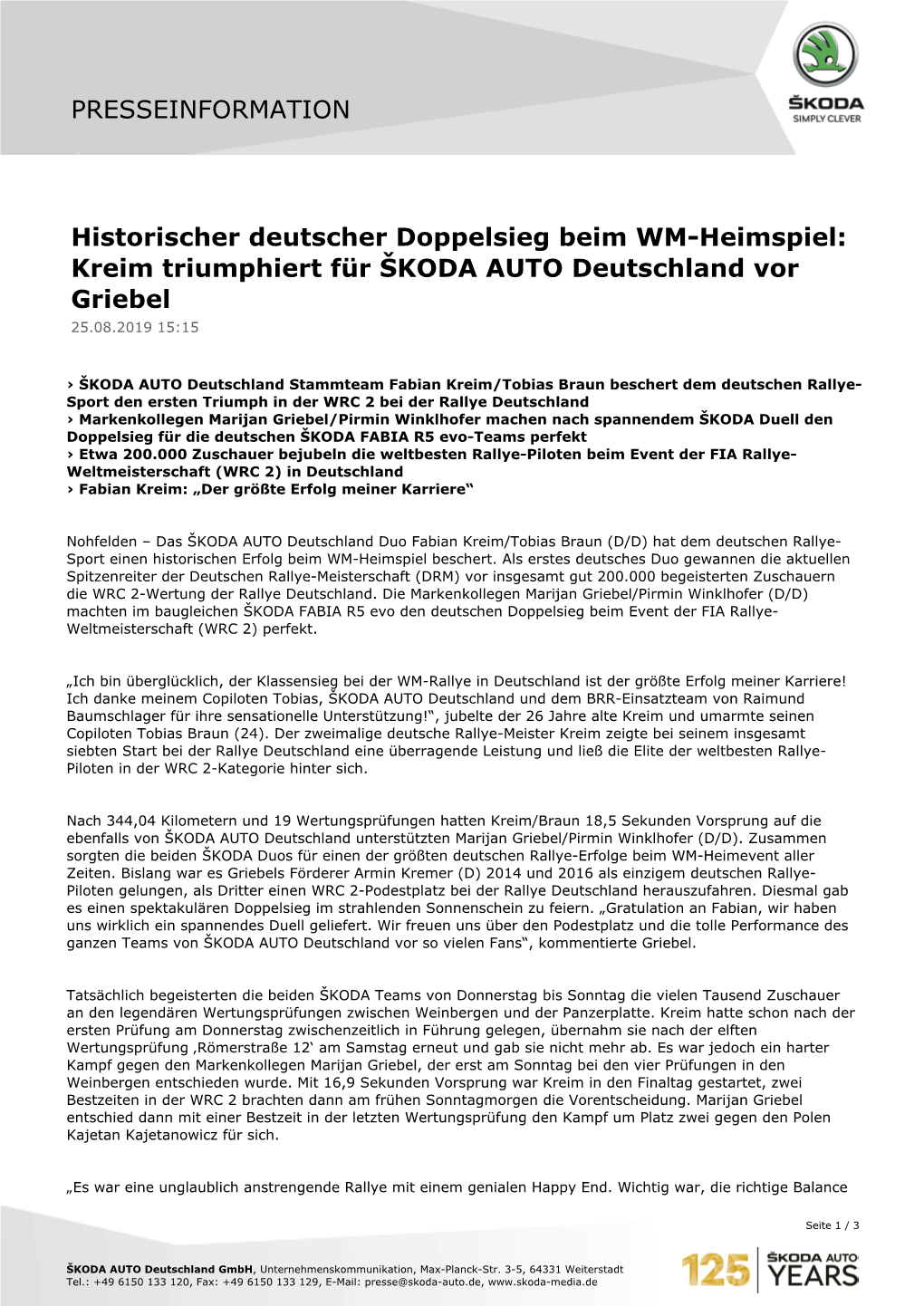 Historischer Deutscher Doppelsieg Beim WM-Heimspiel: Kreim Triumphiert Für ŠKODA AUTO Deutschland Vor Griebel 25.08.2019 15:15