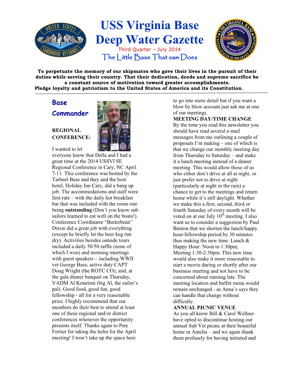 USS Virginia Base Deep Water Gazette Third Quarter – July 2014