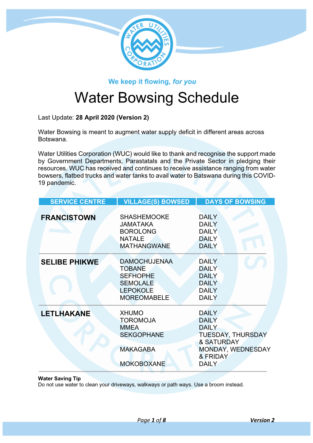 Water Bowsing Schedule
