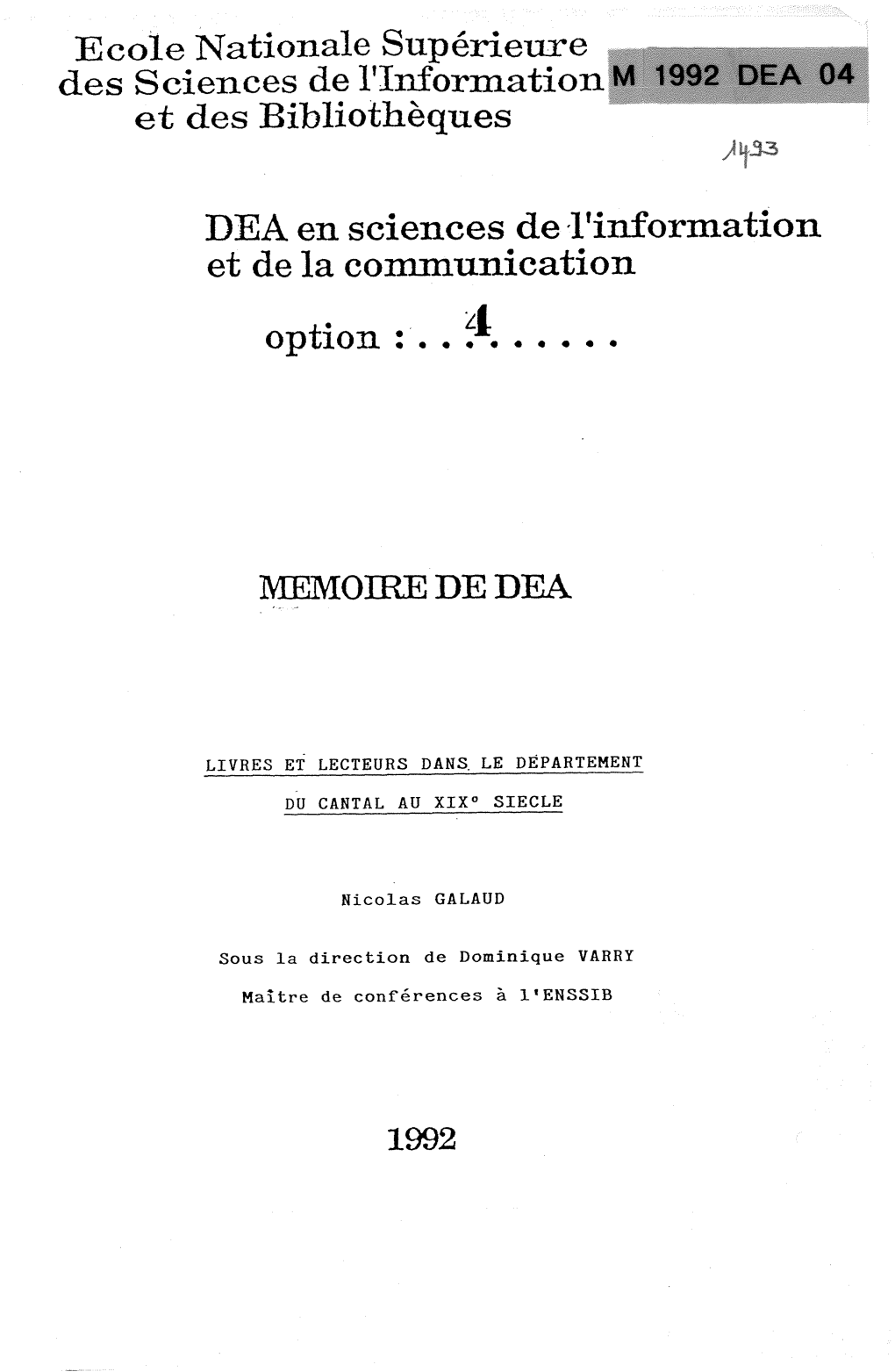 Livres Et Lecteurs Dans Le Département Du Cantal Au 19E Siècle/Mémoire