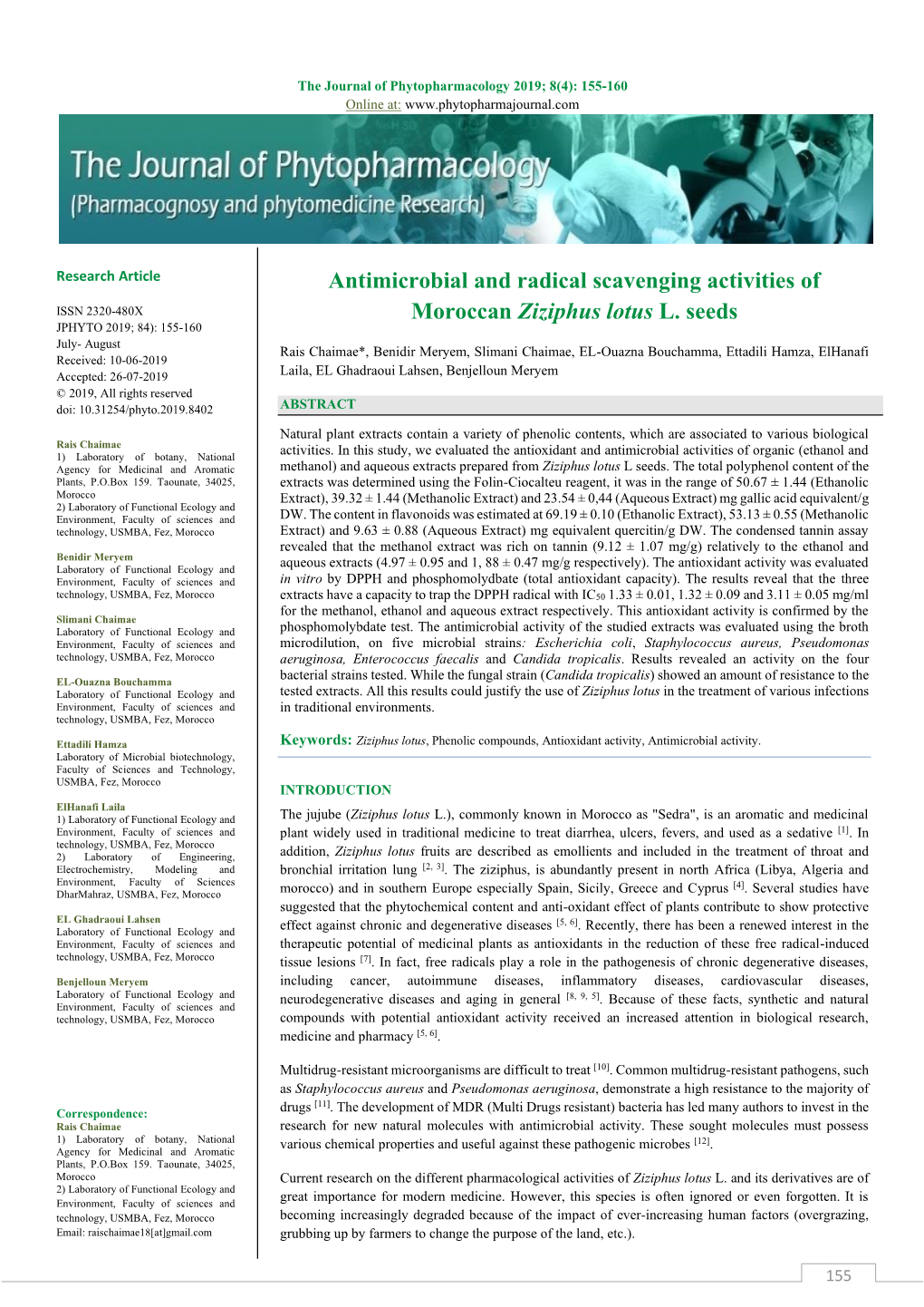 Antimicrobial and Radical Scavenging Activities of Moroccan Ziziphus Lotus