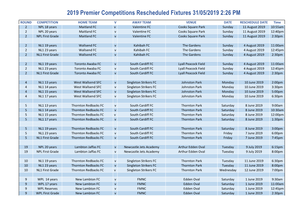 2019 Premier Competitions Rescheduled Fixtures 31/05/2019 2:26 PM