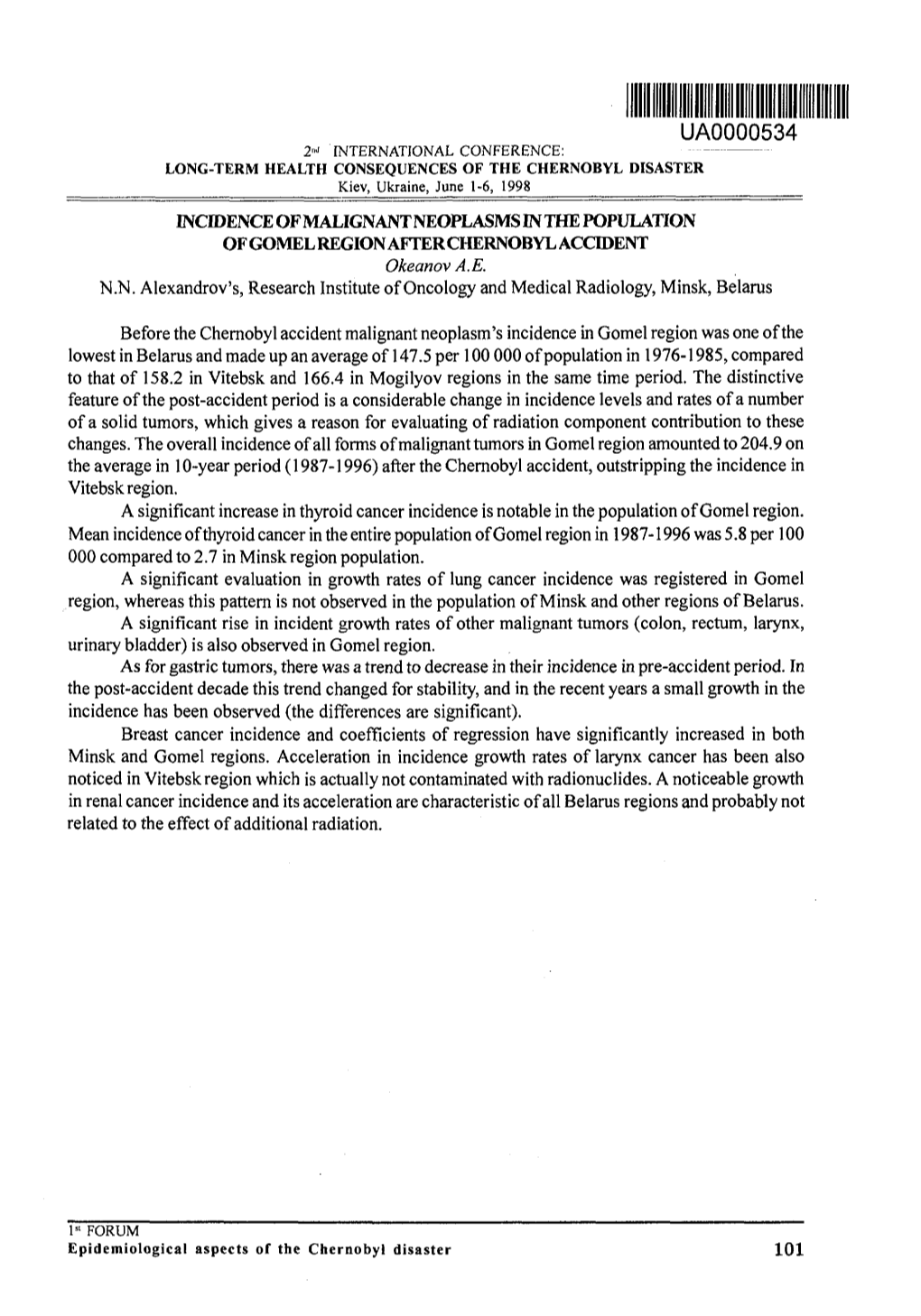 Incidence of Malignant Neoplasms in the Population of Gomel Region After