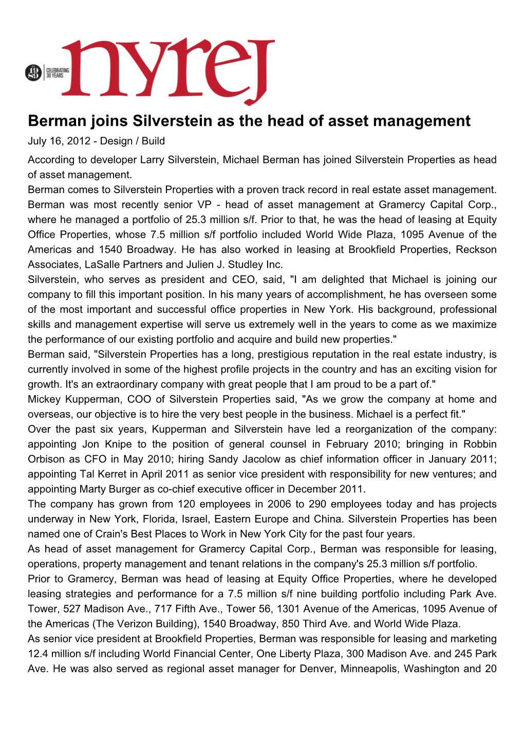 Berman Joins Silverstein As the Head of Asset Management
