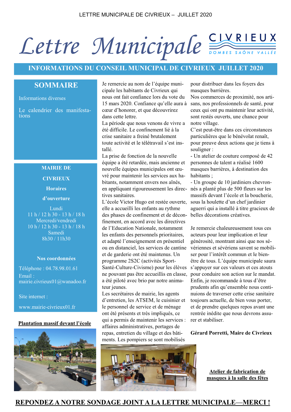 Lettre Municipale De Civrieux – Juillet 2020