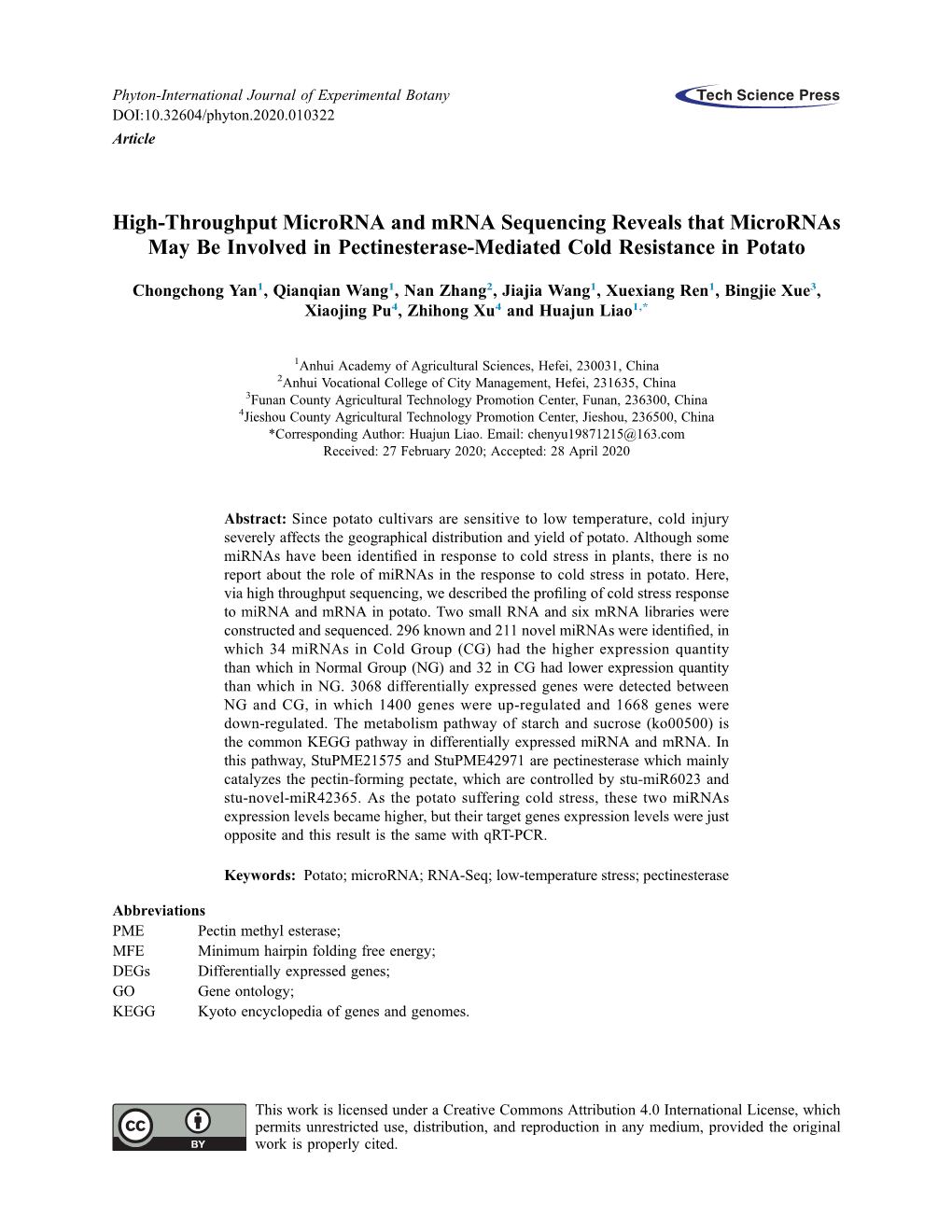 High-Throughput Microrna and Mrna Sequencing Reveals That Micrornas May Be Involved in Pectinesterase-Mediated Cold Resistance in Potato