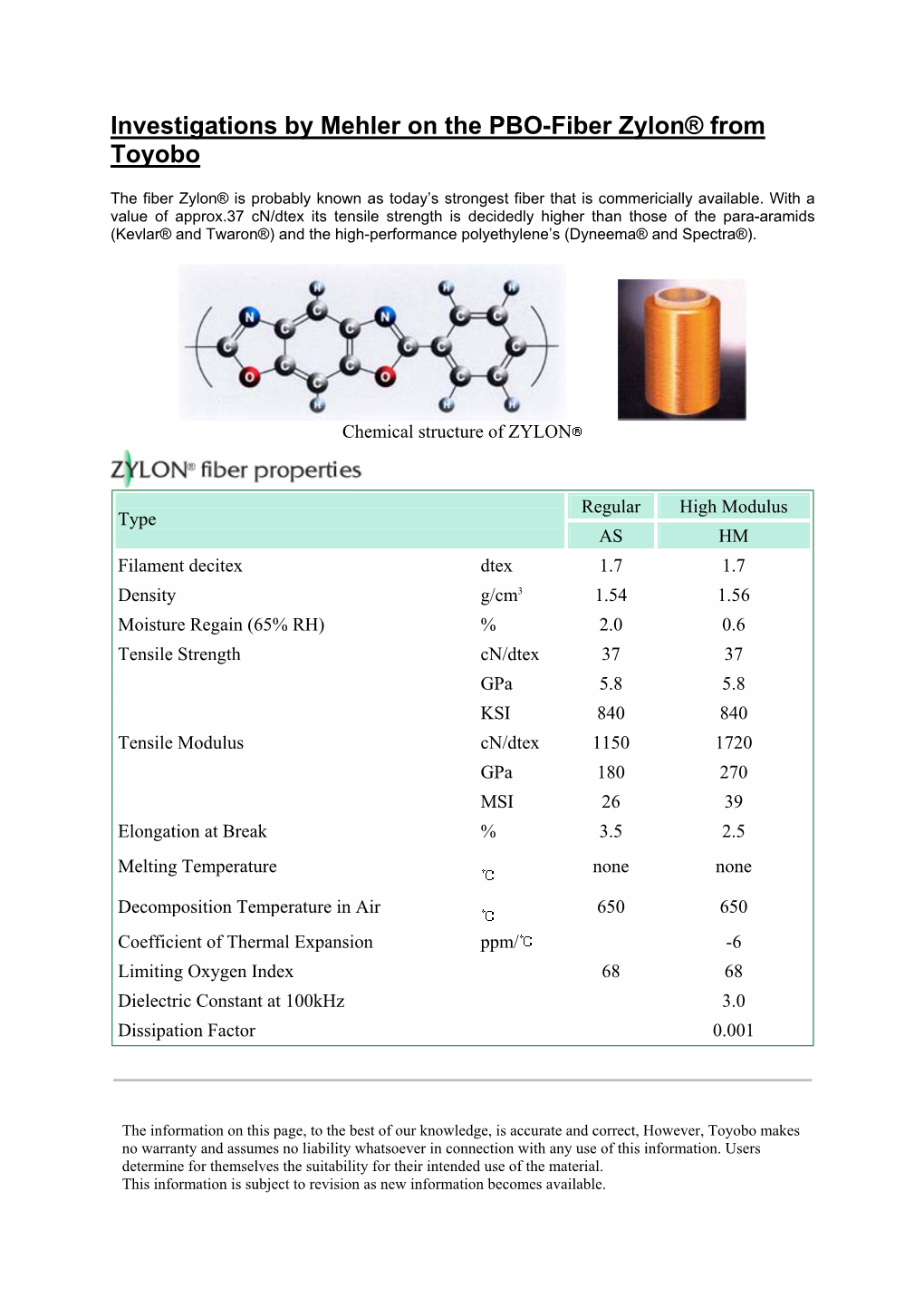 Investigations by Mehler on the PBO-Fiber Zylon® from Toyobo