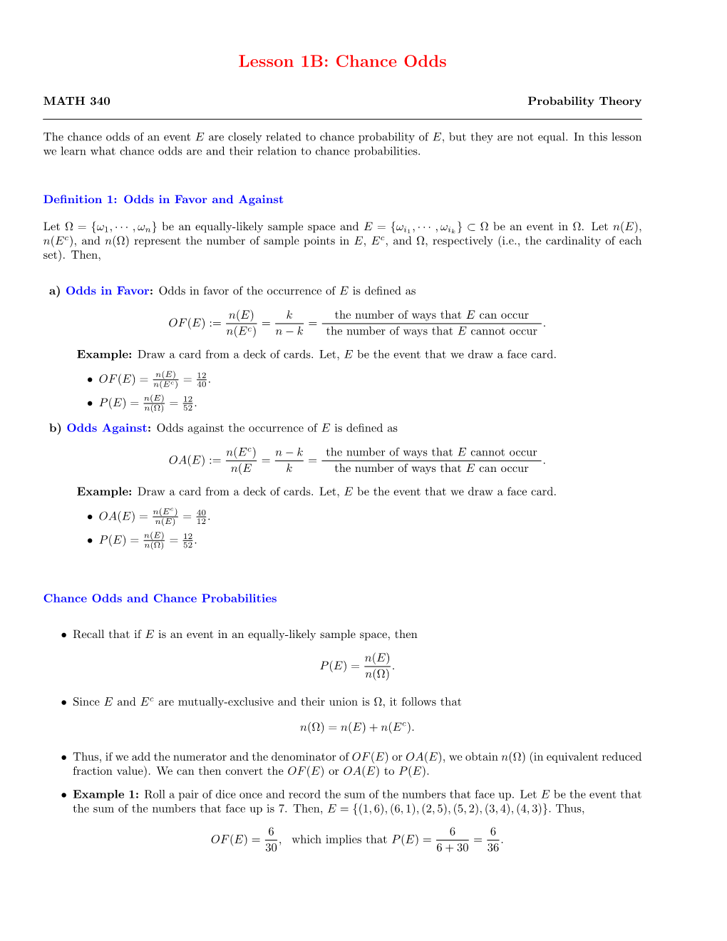 Lesson 1B: Chance Odds