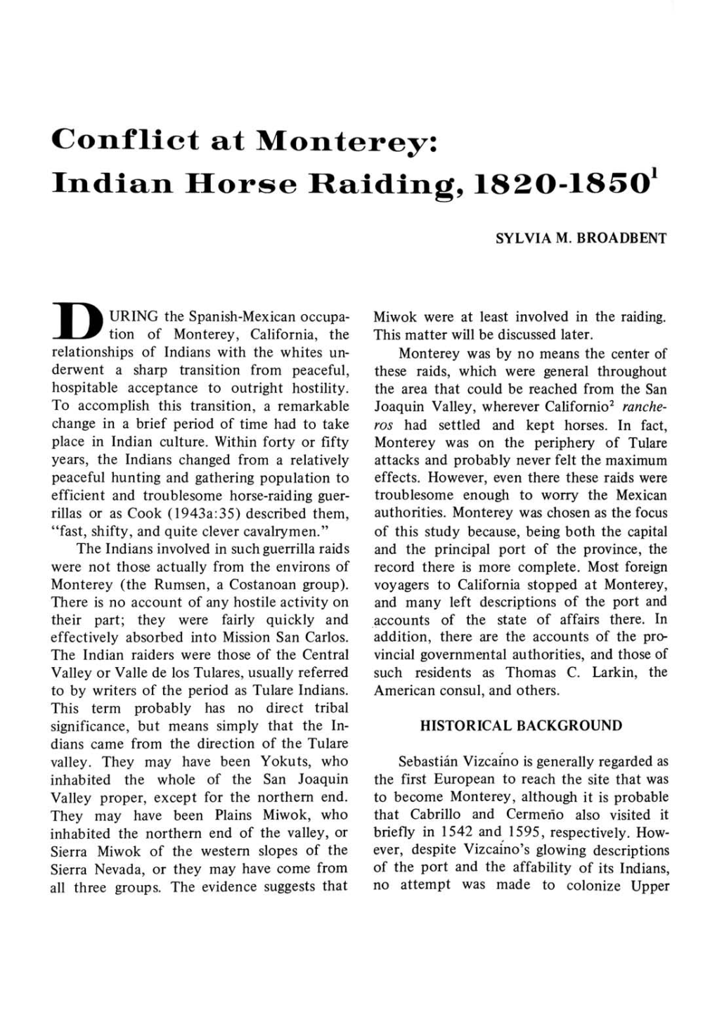 Conflict at Monterey: Indian Horse Raiding, 1820-1850'
