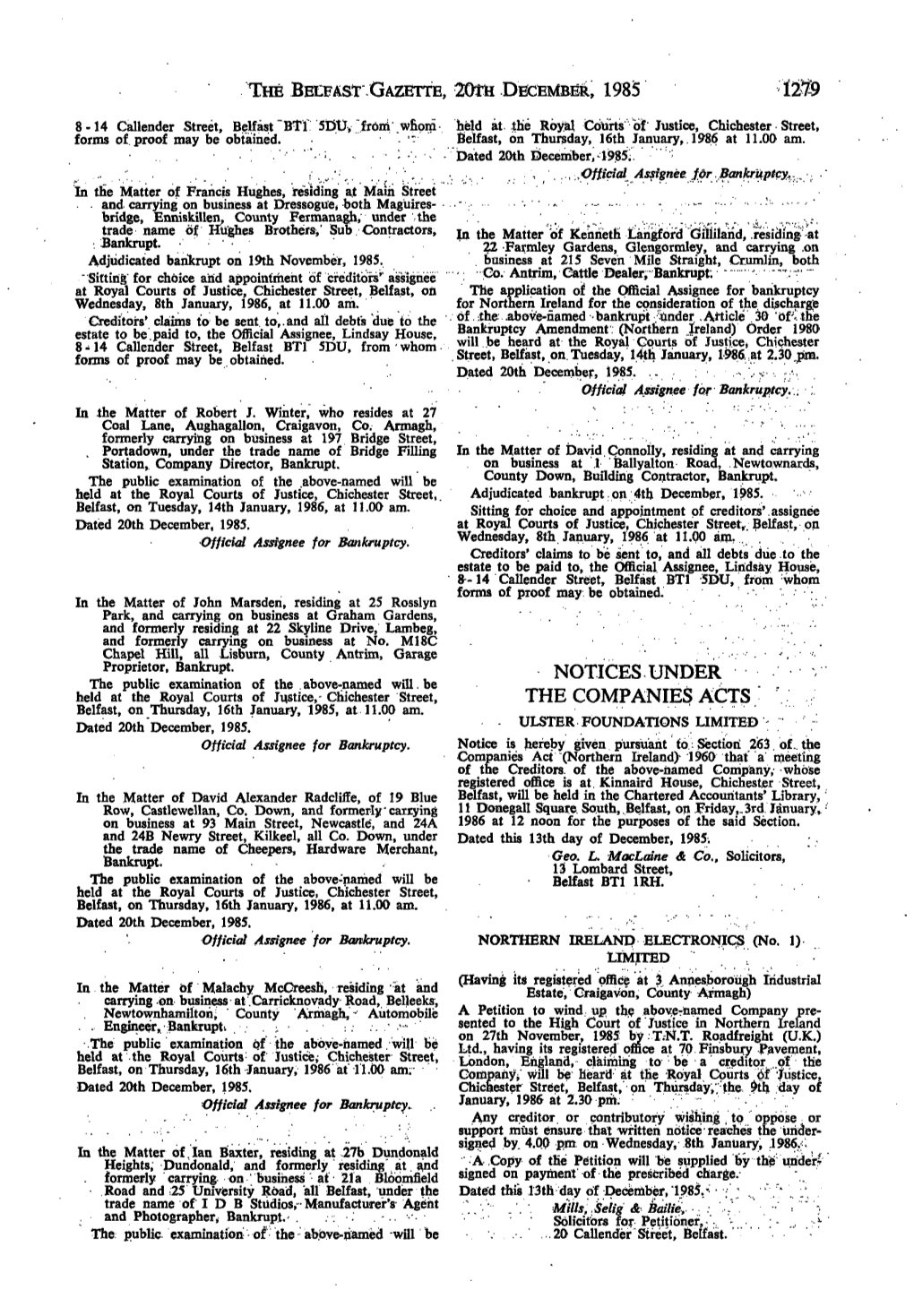 The Belfast Gazette, 20Th December, 1985 Notices Under the Companies Acts