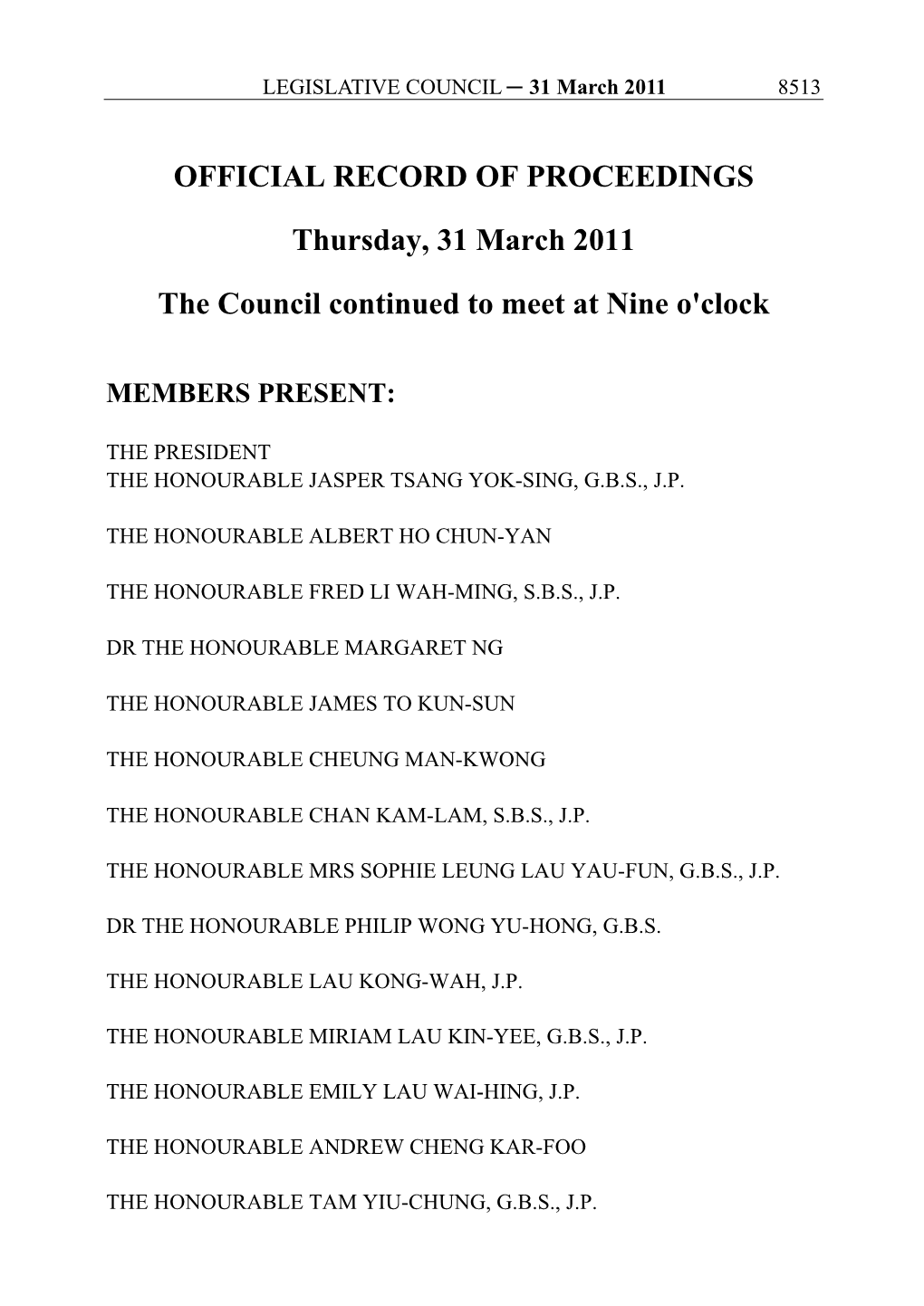 OFFICIAL RECORD of PROCEEDINGS Thursday, 31