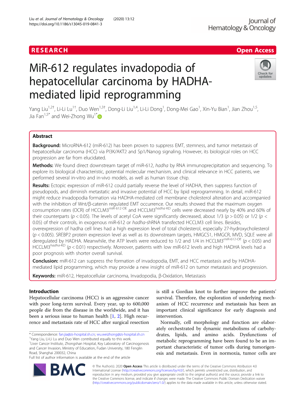 Mir-612 Regulates Invadopodia of Hepatocellular Carcinoma by HADHA-Mediated Lipid Reprogramming