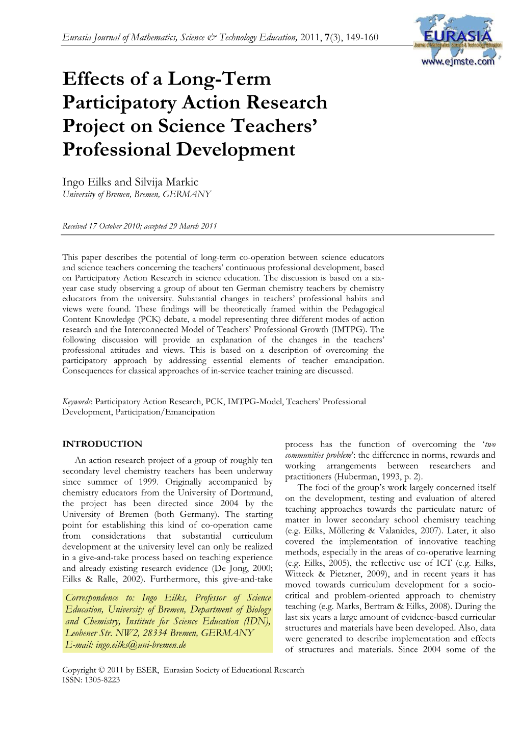 Effects of a Long-Term Participatory Action Research Project on Science Teachers’ Professional Development
