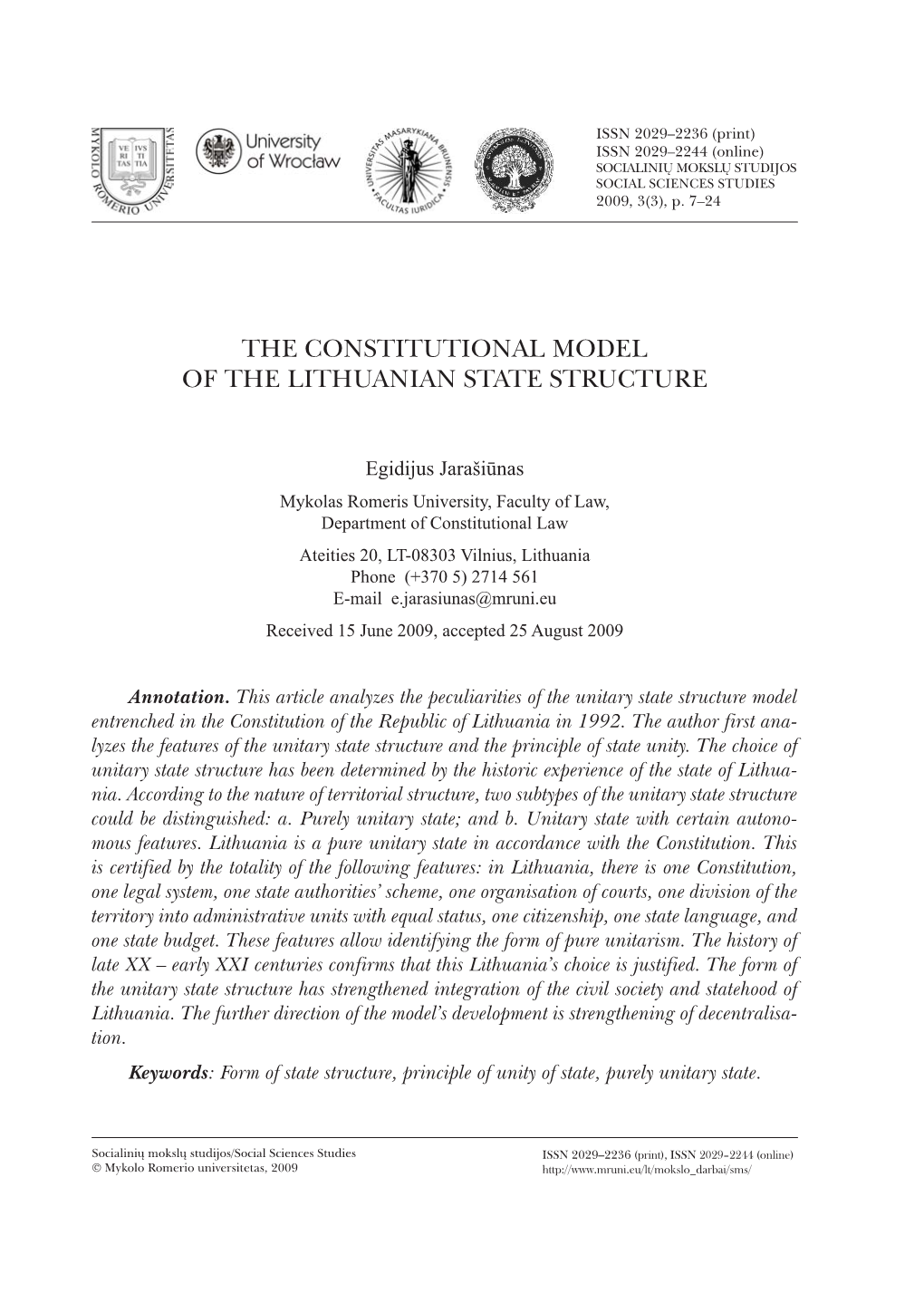 The Constitutional Model of the Lithuanian State Structure