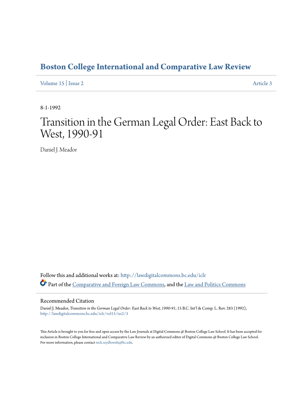 Transition in the German Legal Order: East Back to West, 1990-91 Daniel J